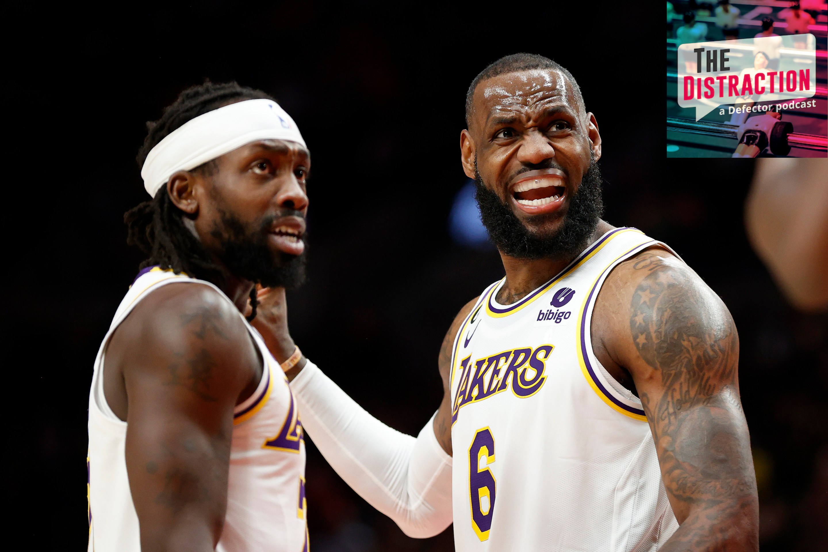 Patrick Beverley and LeBron James look upset during a Los Angeles Lakers game against the Portland Trail Blazers. The Defector logo is in the corner.