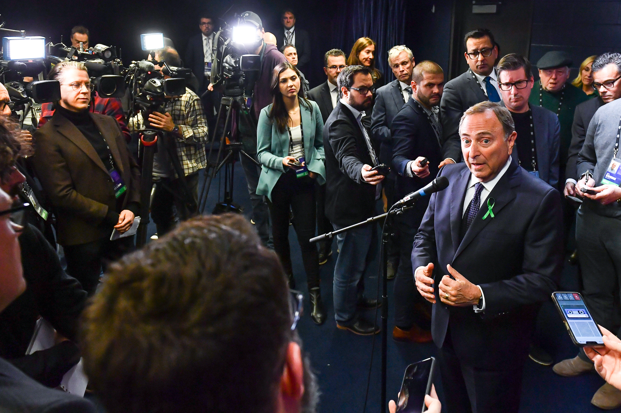 MONTREAL, CANADA - JANUARY 24: NHL commissioner Gary Bettman addresses the media prior to the game between the Montreal Canadiens and the Boston Bruins at Centre Bell on January 24, 2023 in Montreal, Quebec, Canada. The Boston Bruins defeated the Montreal Canadiens 4-2. (Photo by Minas Panagiotakis/Getty Images)
