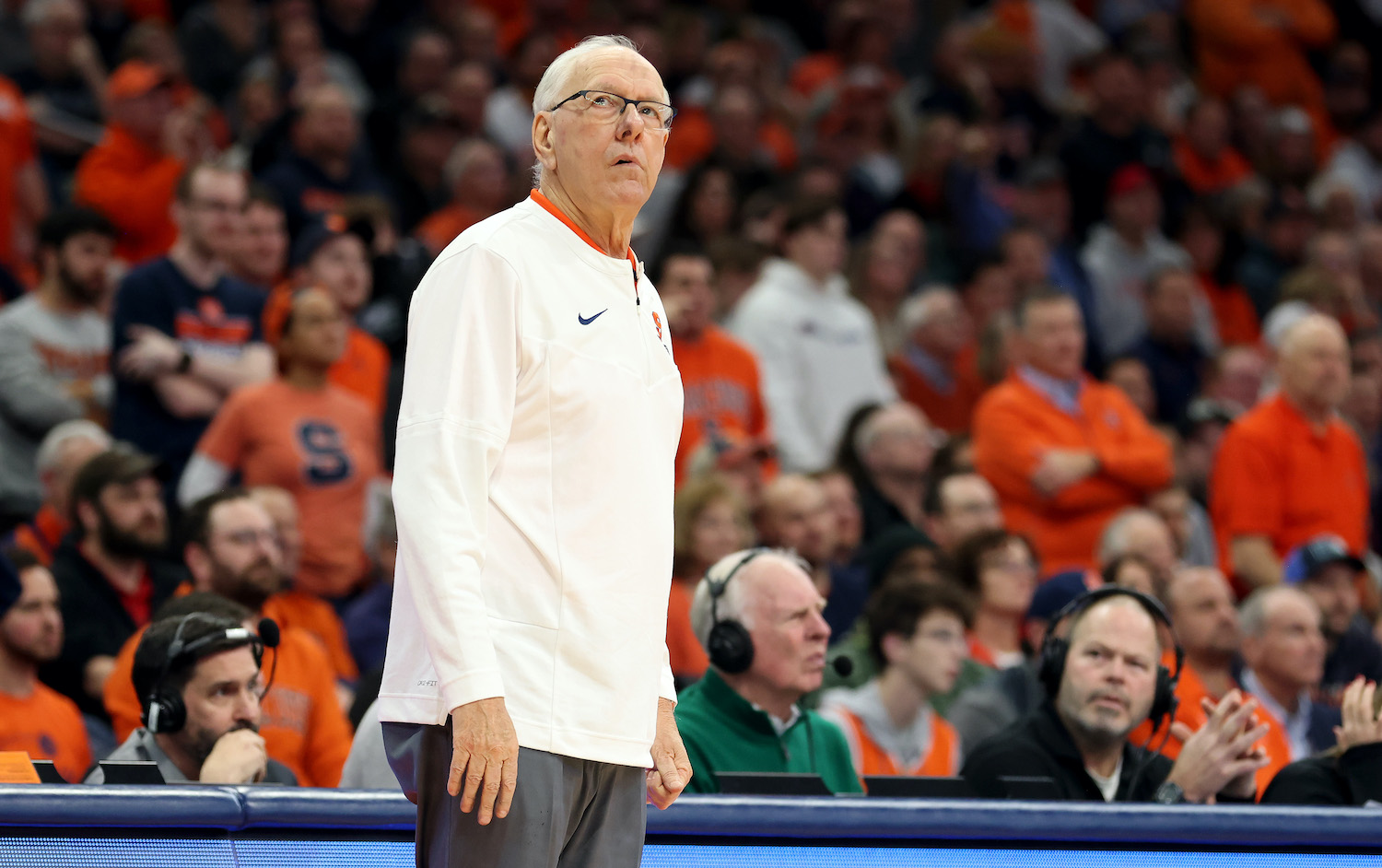 Head Coach Jim Boeheim of the Syracuse Orange looks on during the second half against the Virginia Cavaliers at JMA Wireless Dome on January 30, 2023.