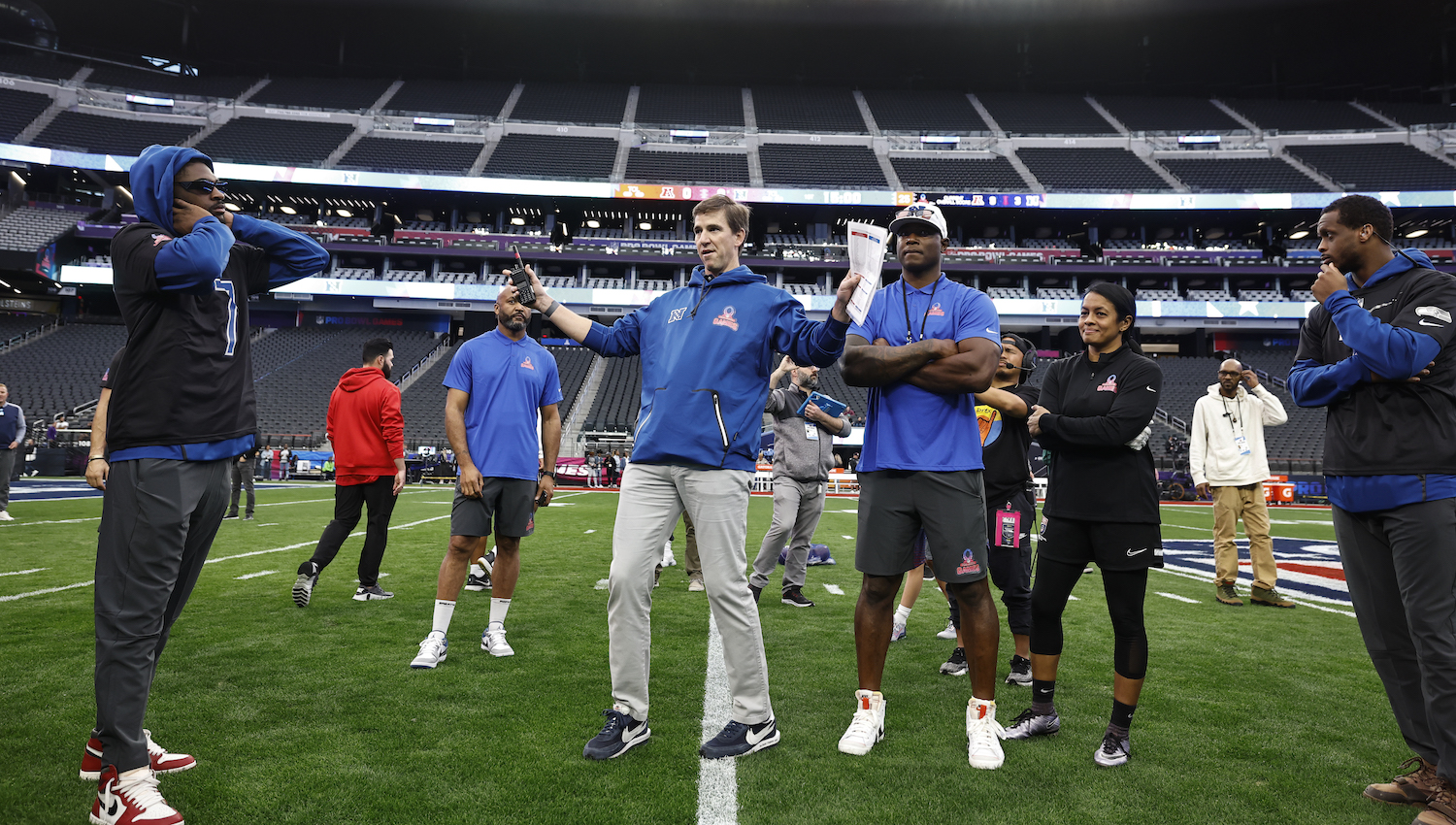 NFC head coach Eli Manning leads a huddle during a practice session prior to an NFL Pro Bowl football game at Allegiant Stadium on February 04, 2023 in Las Vegas, Nevada.