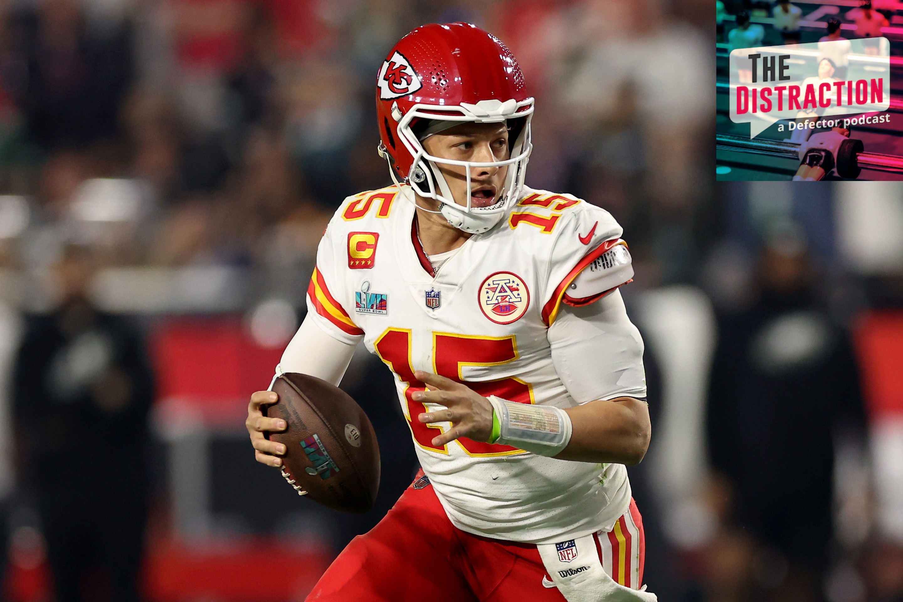 Patrick Mahomes about to complete a pass while leading his team to (spoiler alert) a win in Super Bowl 57.