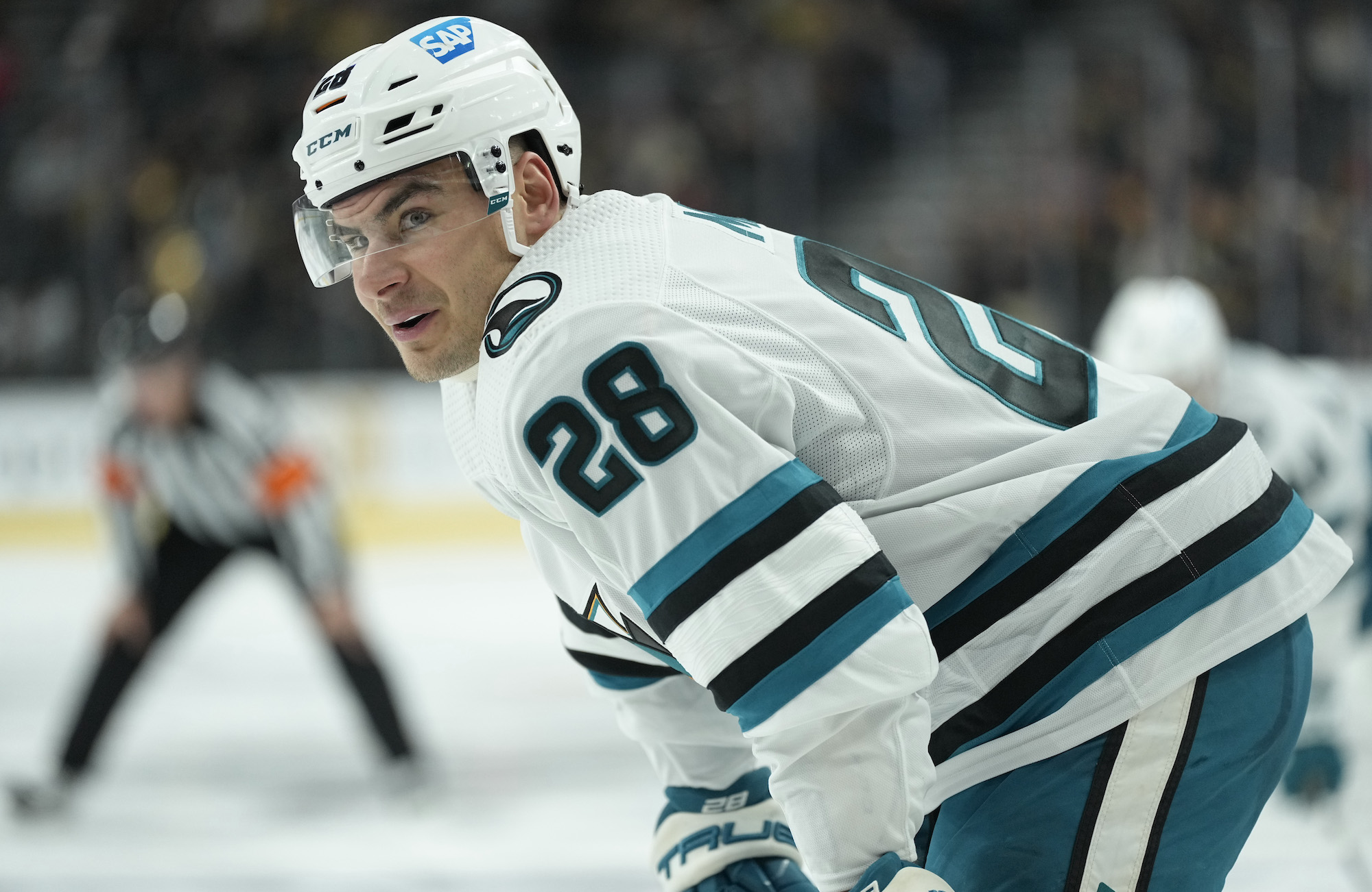 LAS VEGAS, NEVADA - FEBRUARY 16: of the San Jose Sharks against the Vegas Golden Knights at T-Mobile Arena on February 16, 2023 in Las Vegas, Nevada. (Photo by Jeff Bottari/NHLI via Getty Images)