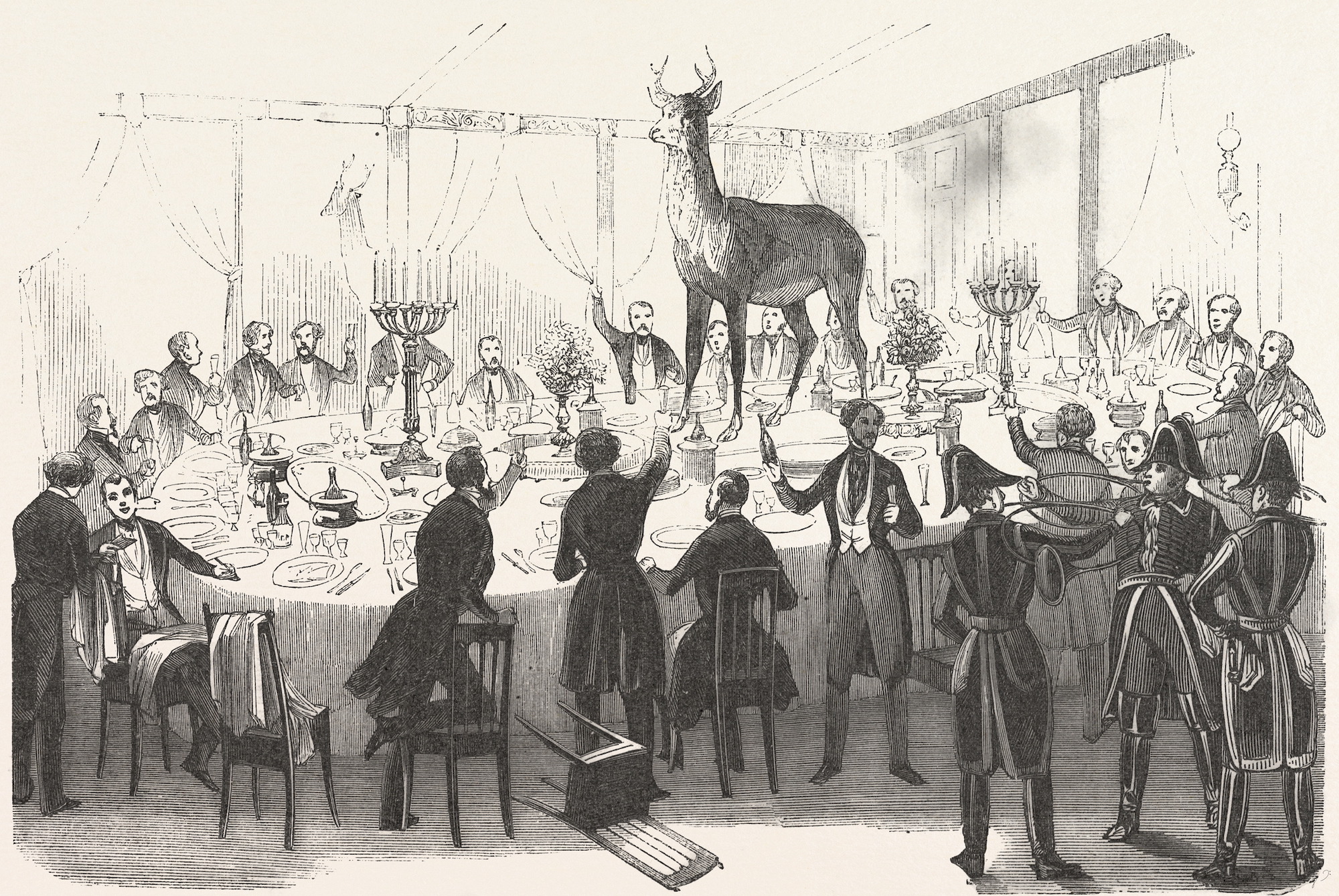 19th Century Dinner Party After The Hunt. Engraving 1800s. (Photo by: Universal History Archive/Universal Images Group via Getty Images)