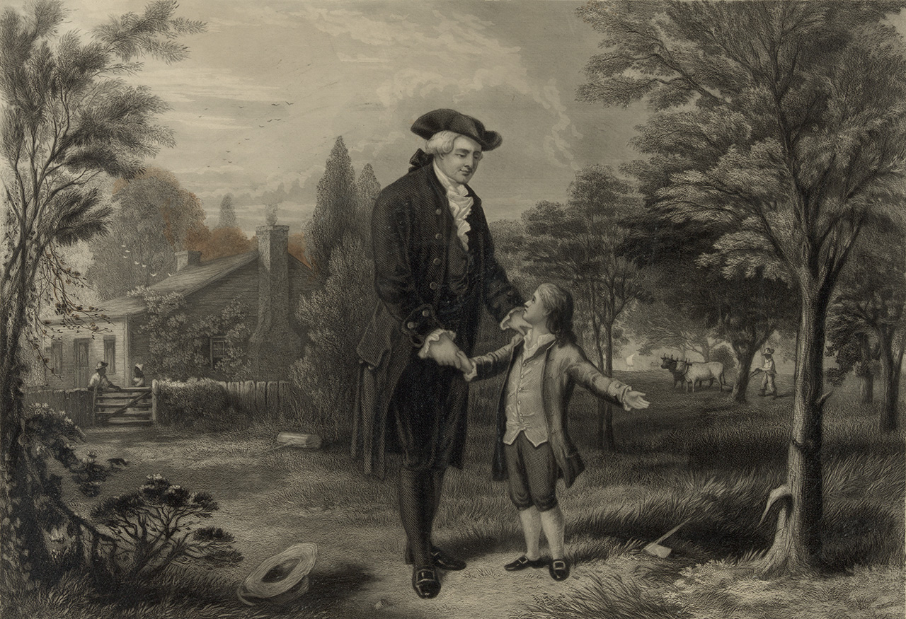 "Father, I cannot tell a lie: I cut the tree" / painted by G.G. White ; engraved by John C. McRae. Print showing George Washington as a young boy telling his father that he cut the tree.