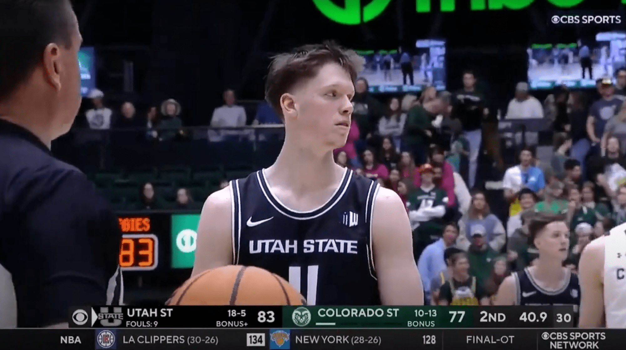 Max Shulga of Utah State stands at the free-throw line.