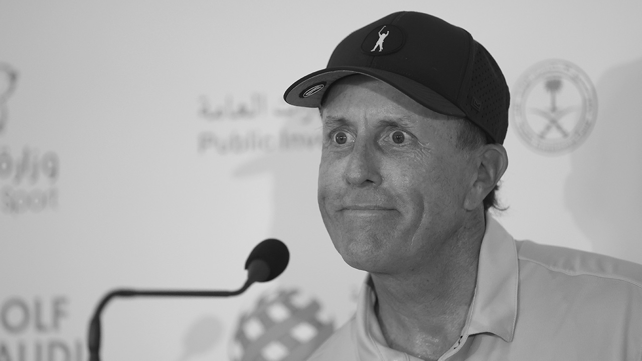 AL MUROOJ, SAUDI ARABIA - JANUARY 31: Phil Mickelson of USA talks to the media during a practice round prior to the PIF Saudi International at Royal Greens Golf & Country Club on January 31, 2023 in Al Murooj, Saudi Arabia.