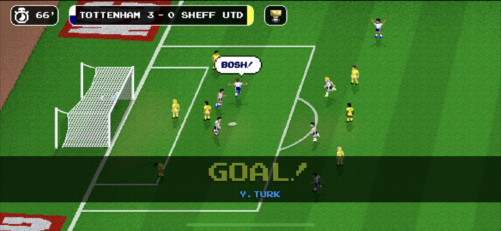 A screenshot of Retro Goal in which I have just scored, with my player exclaiming "Bosh!"