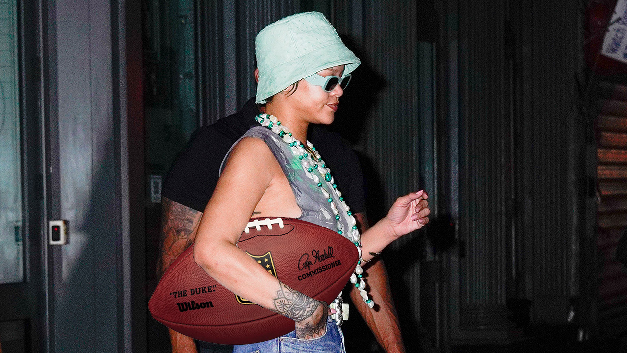 Rihanna is seen out and about on July 07, 2021 in New York City. And then we photoshopped her purse into a giant NFL football