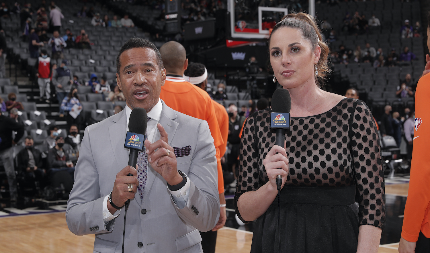 SACRAMENTO, CA - DECEMBER 22: Annoucer Mark Jones and Commentator Kayte Christensen during the game between the Los Angeles Clippers and Sacramento Kings on December 22, 2021 at Golden 1 Center in Sacramento, California. NOTE TO USER: User expressly acknowledges and agrees that, by downloading and or using this photograph, User is consenting to the terms and conditions of the Getty Images Agreement. Mandatory Copyright Notice: Copyright 2021 NBAE (Photo by Rocky Widner/NBAE via Getty Images)