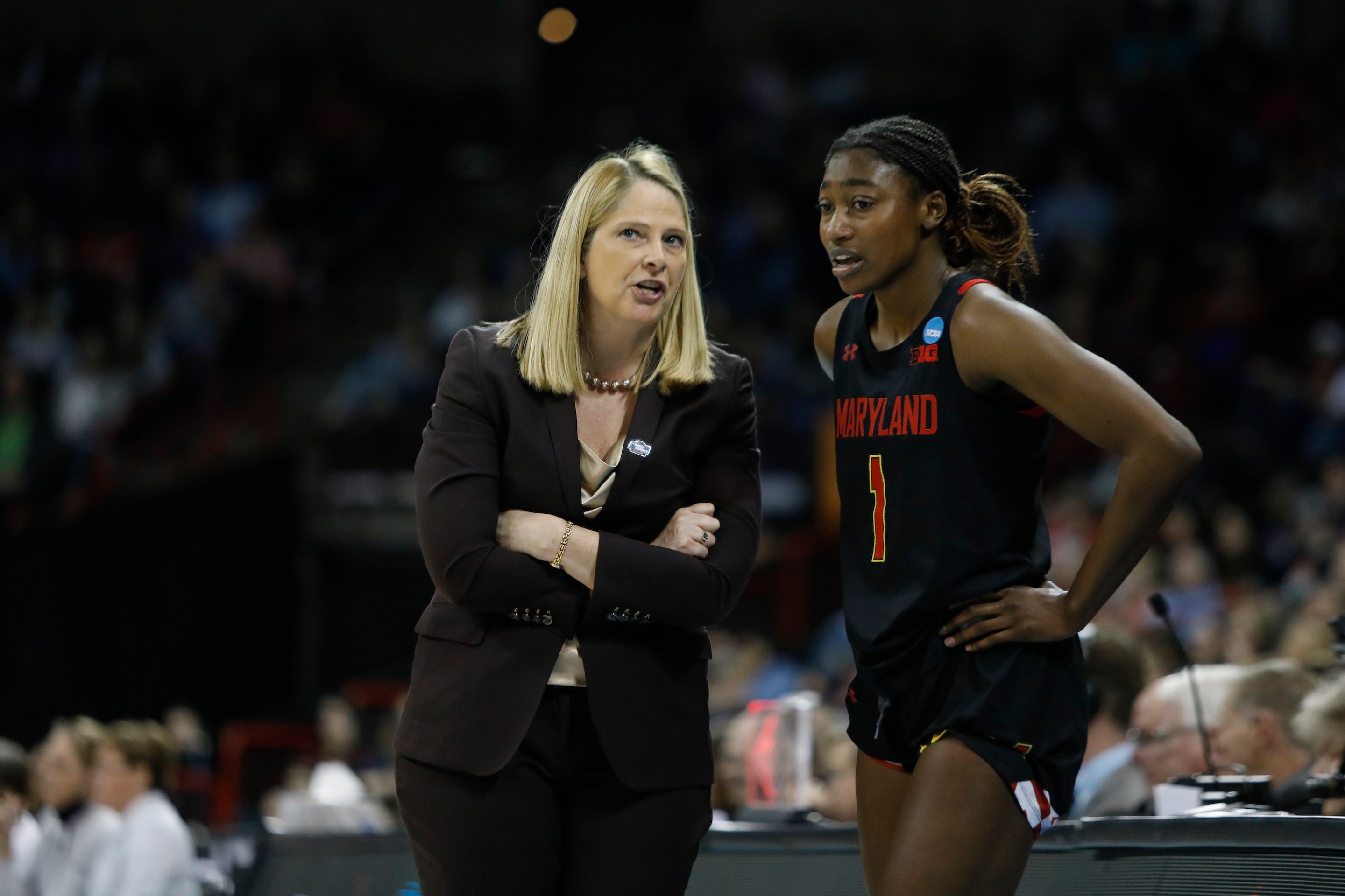Maryland Terrapins head coach Brenda Frese talks to Maryland Terrapins guard Diamond Miller (1) during the NCAA Division I Women’s Basketball Championship sweet sixteen round game between the Stanford Cardinal and the Maryland Terrapins on March 25, 2022, at Spokane Veterans Memorial Stadium in Spokane, WA.