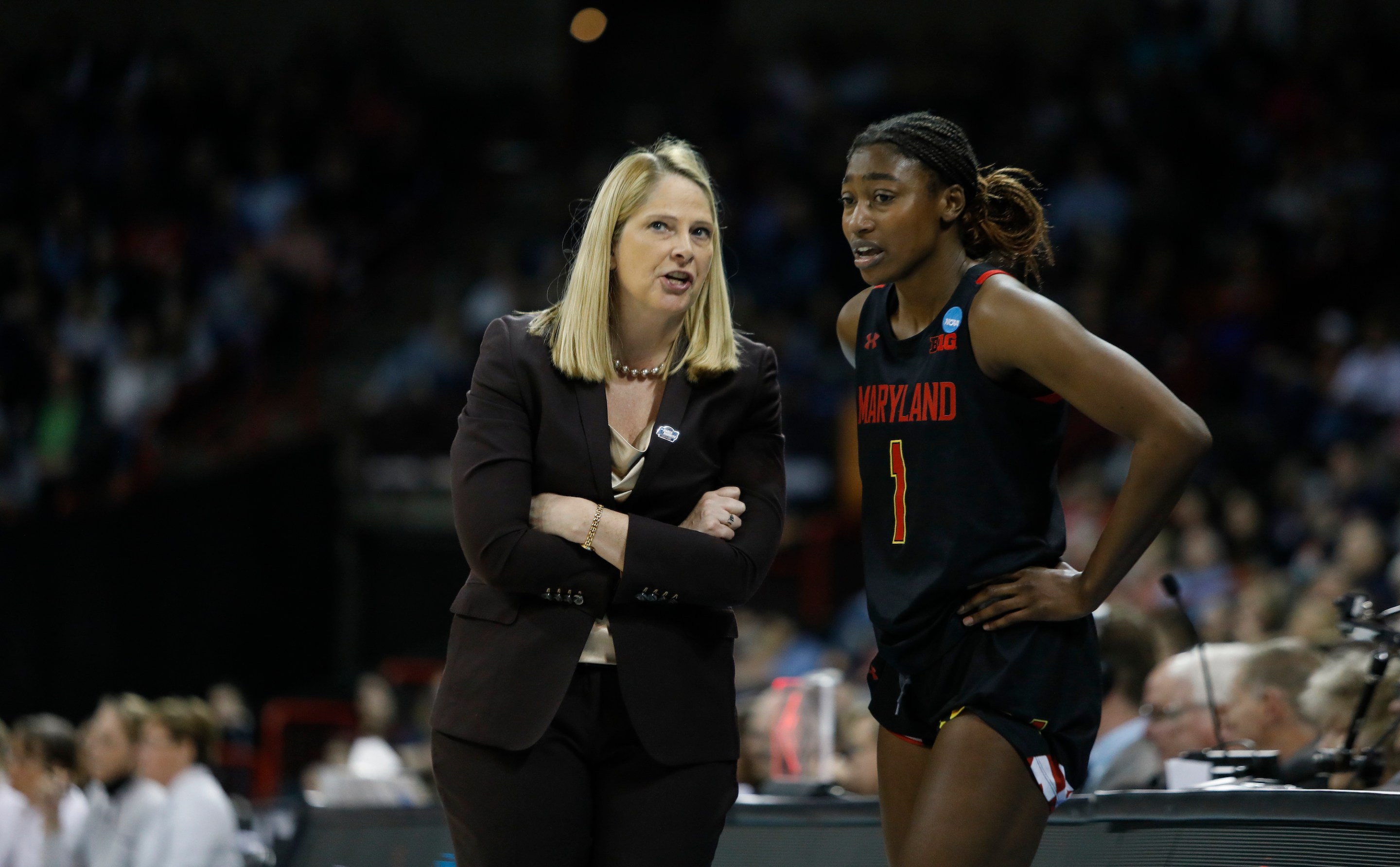 Maryland Terrapins head coach Brenda Frese talks to Maryland Terrapins guard Diamond Miller (1) during the NCAA Division I Women’s Basketball Championship sweet sixteen round game between the Stanford Cardinal and the Maryland Terrapins on March 25, 2022, at Spokane Veterans Memorial Stadium in Spokane, WA.