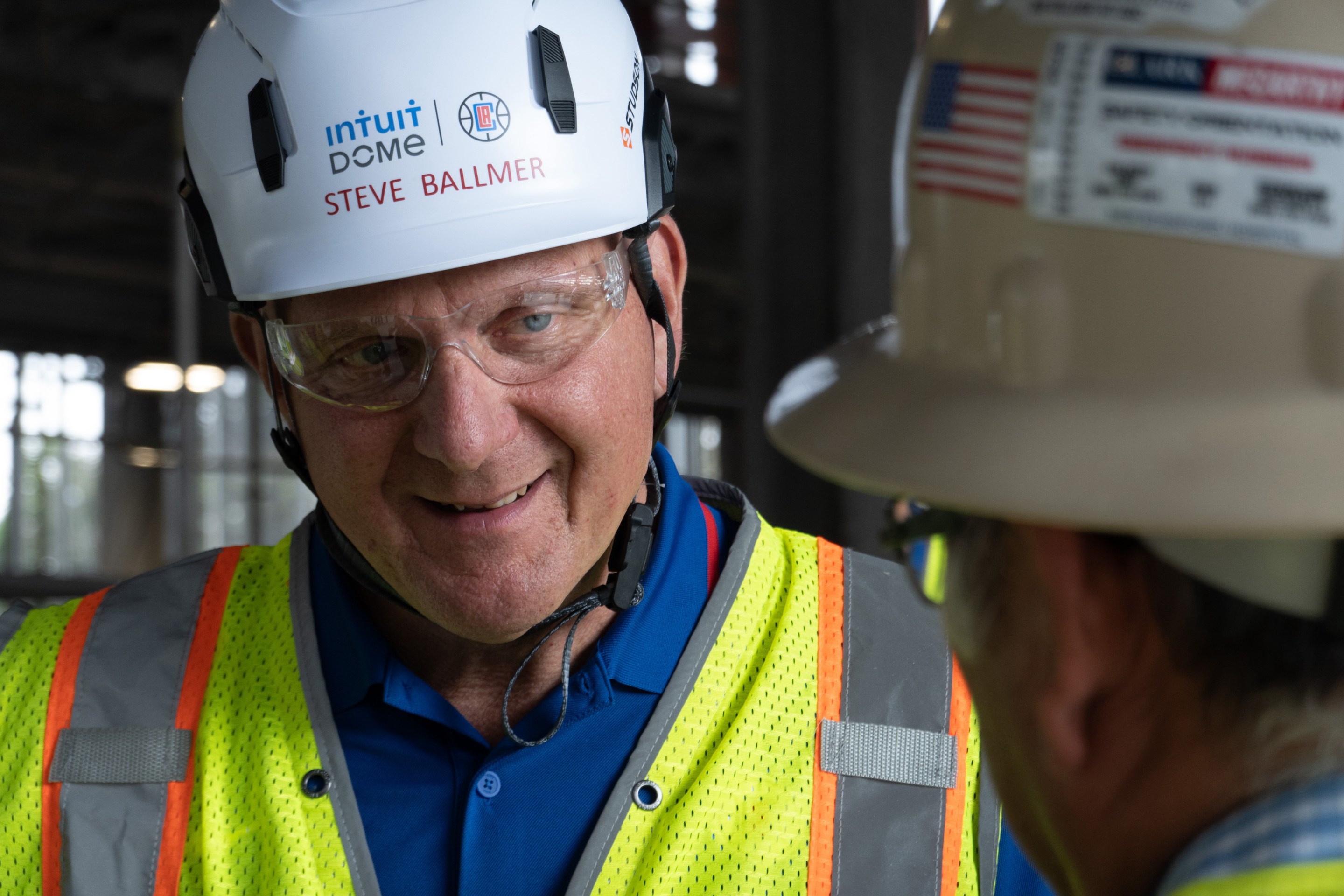 Clippers owner Steve Ballmer looking very interested during an October 2022 tour of the future Clippers arena, which it turns out will have a lot of toilets in it.