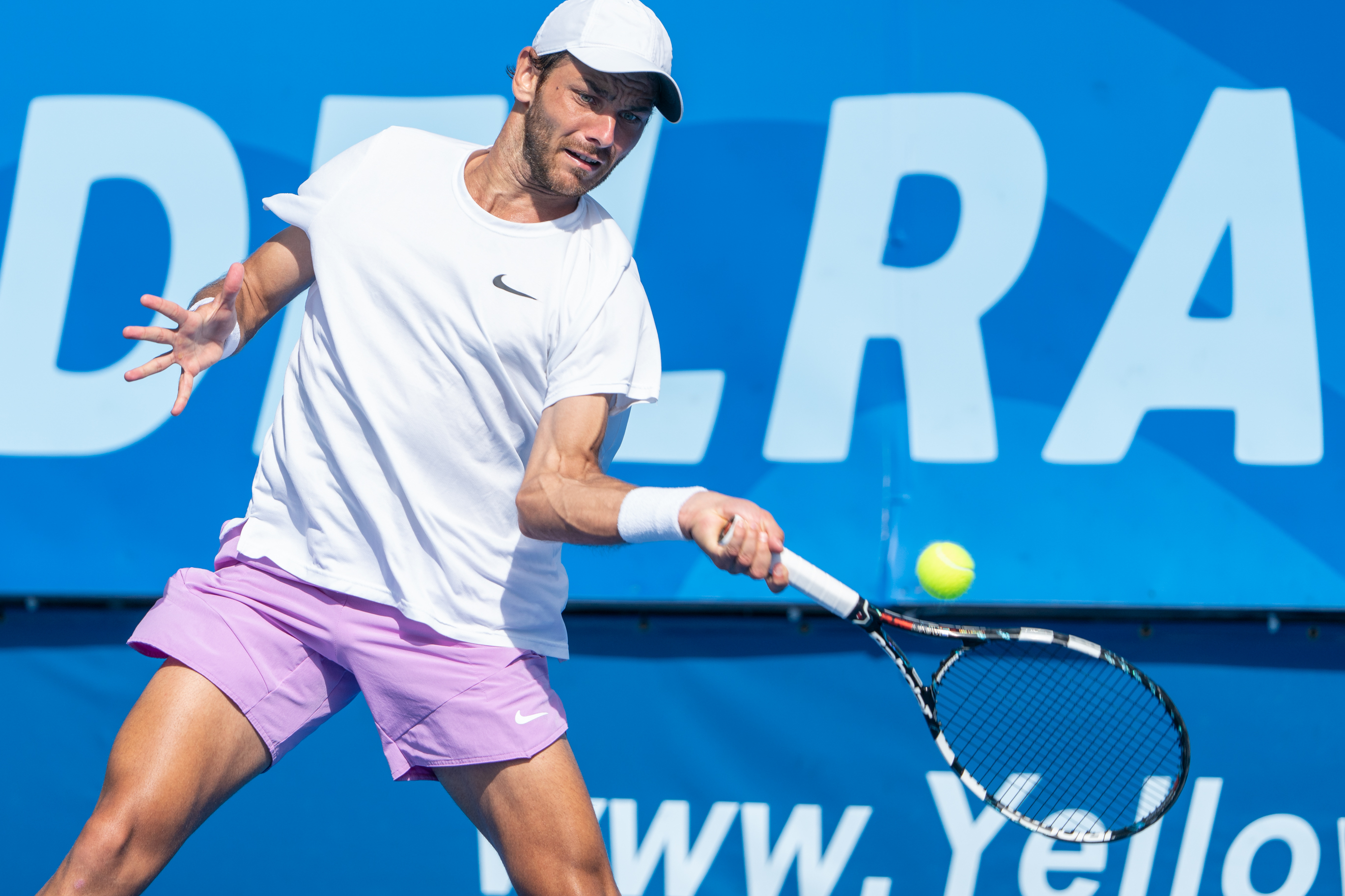 DELRAY BEACH, FL - FEBRUARY 12: Matija Pecotic (CRO) competes during the qualifying round of the ATP Delray Beach Open on February 12, 2023, at the Delray Beach Stadium &amp; Tennis Center in Delray Beach, Florida.(Photo by Aaron Gilbert/Icon Sportswire via Getty Images)