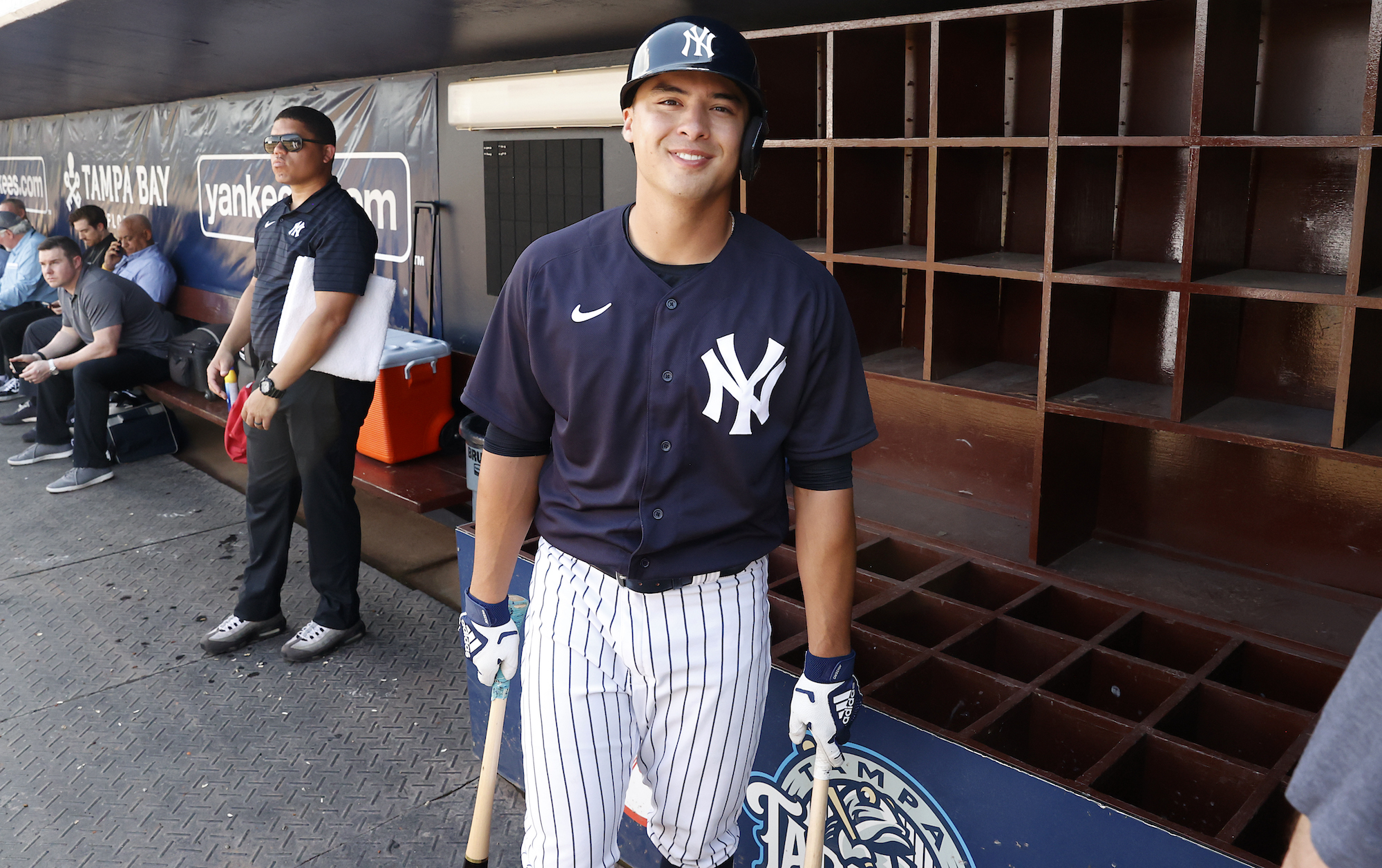 TAMPA, FL - FEBRUARY 23: Anthony Volpe #77 of the New York Yankees smiles during Spring Training at George M. Steinbrenner Field on February 23, 2023 in Tampa, Florida. (Photo by New York Yankees/Getty Images)