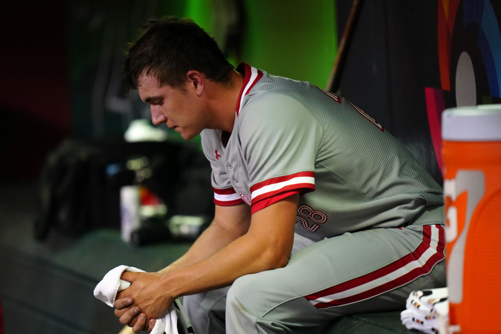 Mitch Bratt #28 of Team Canada looks on in the dugout during Game 6 of Pool C between Team Canada and Team USA at Chase Field on Monday, March 13, 2023 in Phoenix, Arizona.