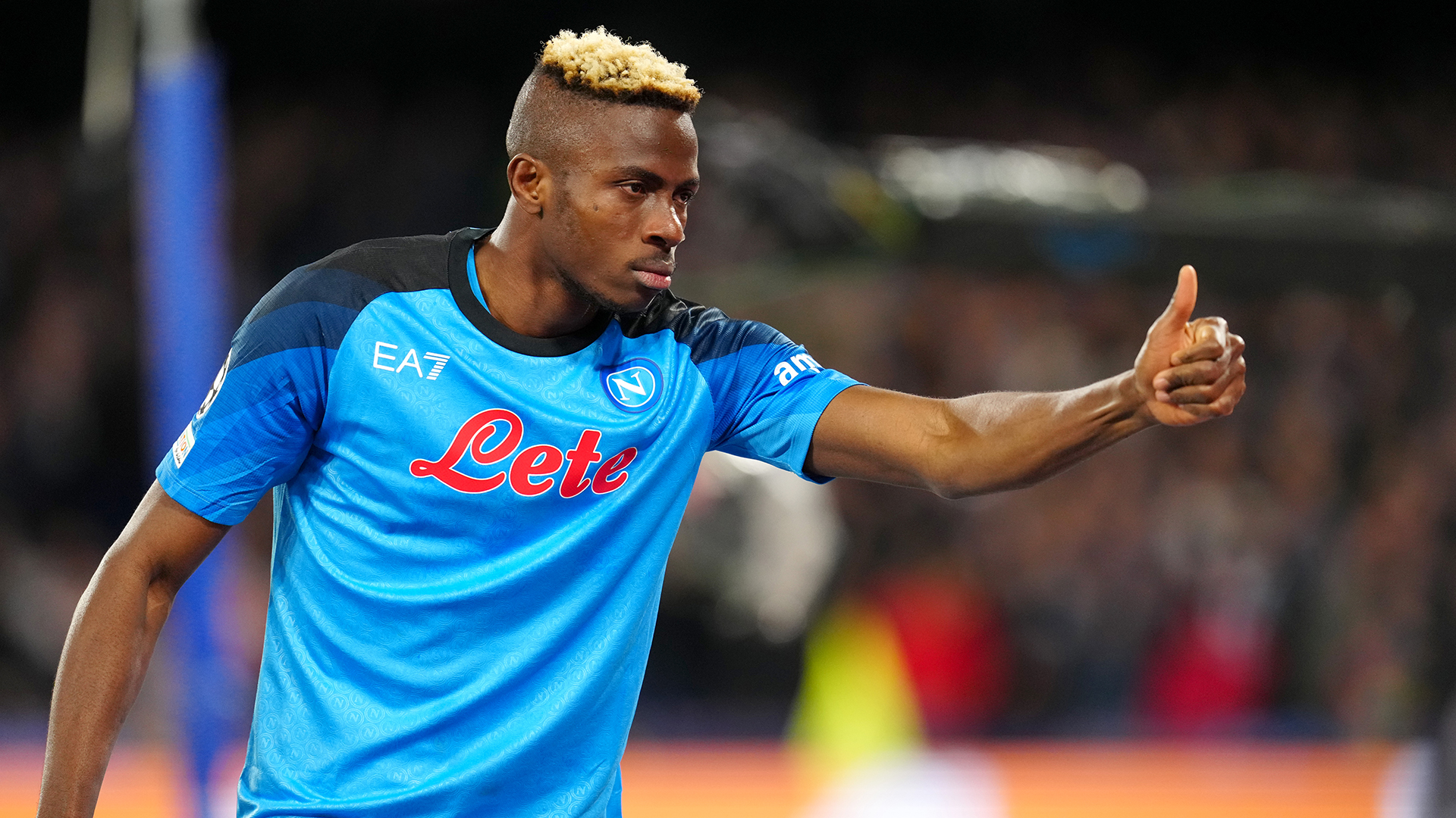 Victor Osimhen of SSC Napoli celebrates after scoring his opening goal ,during the UEFA Champions League round of 16 leg two match between SSC Napoli and Eintracht Frankfurt at Stadio Diego Armando Maradona on March 15, 2023 in Naples, Italy.