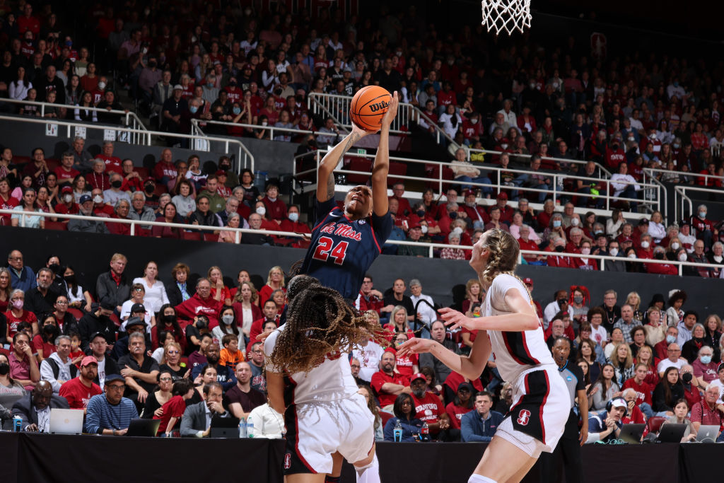 PALO ALTO, CA - MARCH 19: Madison Scott #24 of the Ole Miss Rebels shoots the ball against Haley Jones #30 of the Stanford Cardinal during the second round of the 2023 NCAA Women's Basketball Tournament held at the Stanford Maples Pavilion on March 19, 2023 in Palo Alto, California.