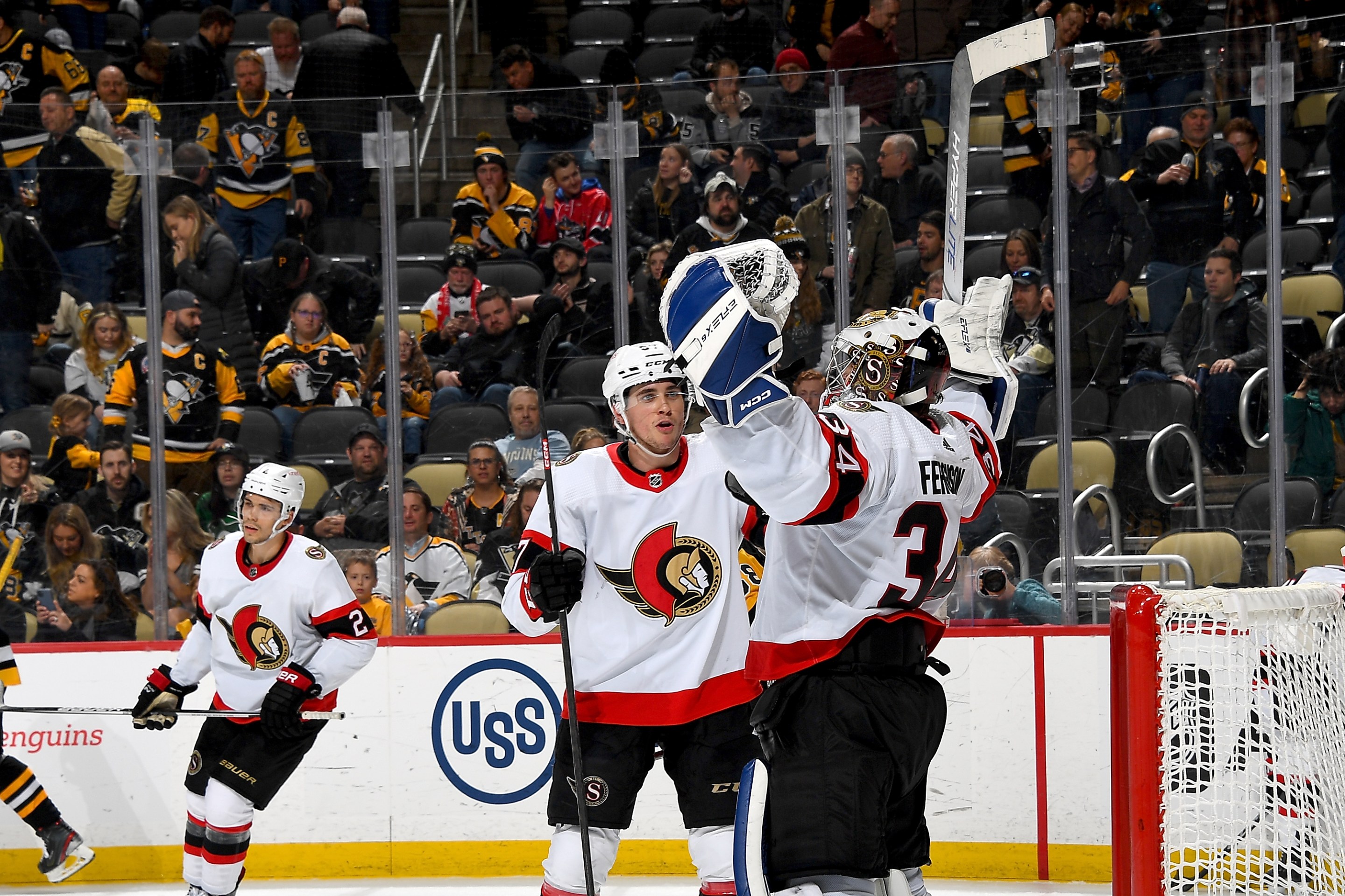 Ottawa Senators goalie Dylan Ferguson celebrates after a win against the Pittsburgh Penguins.