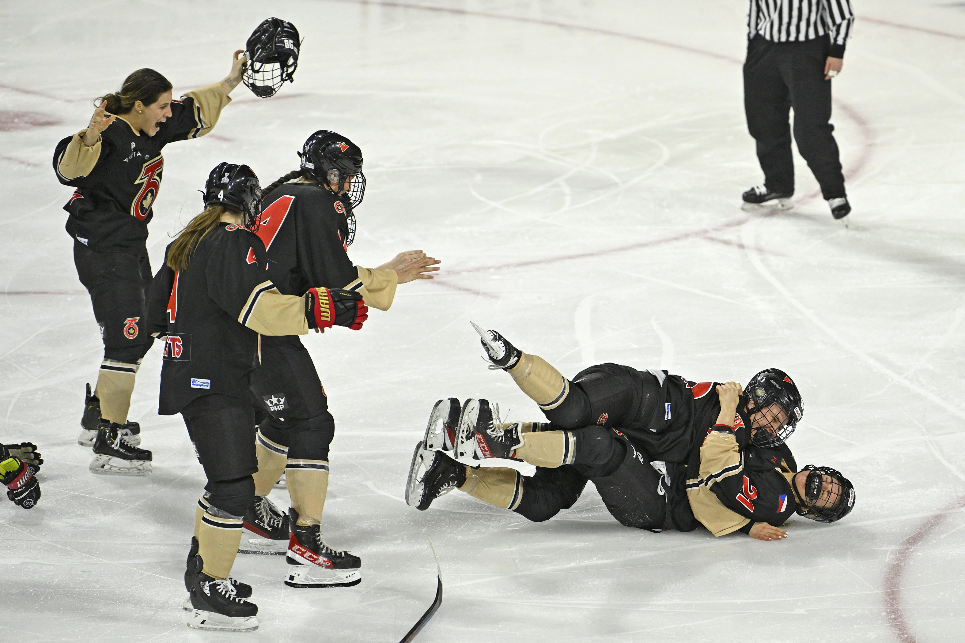 Tereza Vanisova is tackled by Dominika Laskova after scoring the game-winning goal