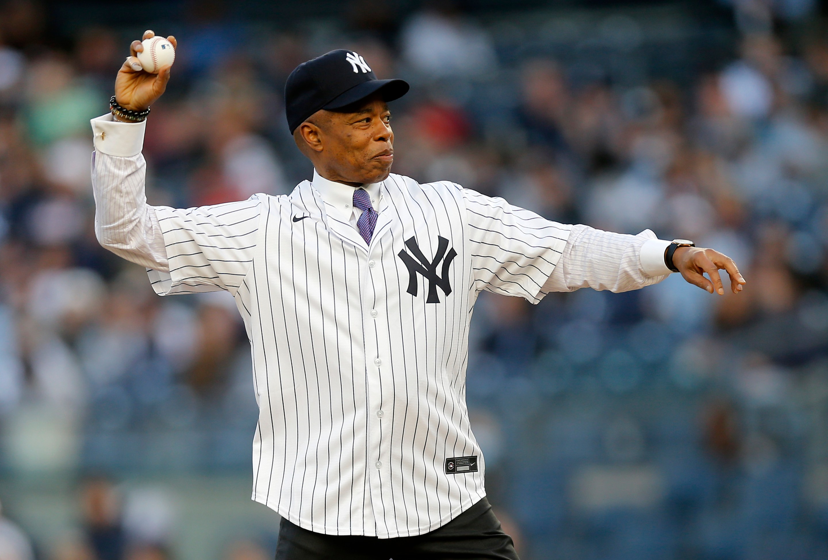 New York Mayor Eric Adams throws out the first pitch at Yankee Stadium in May of 2022.