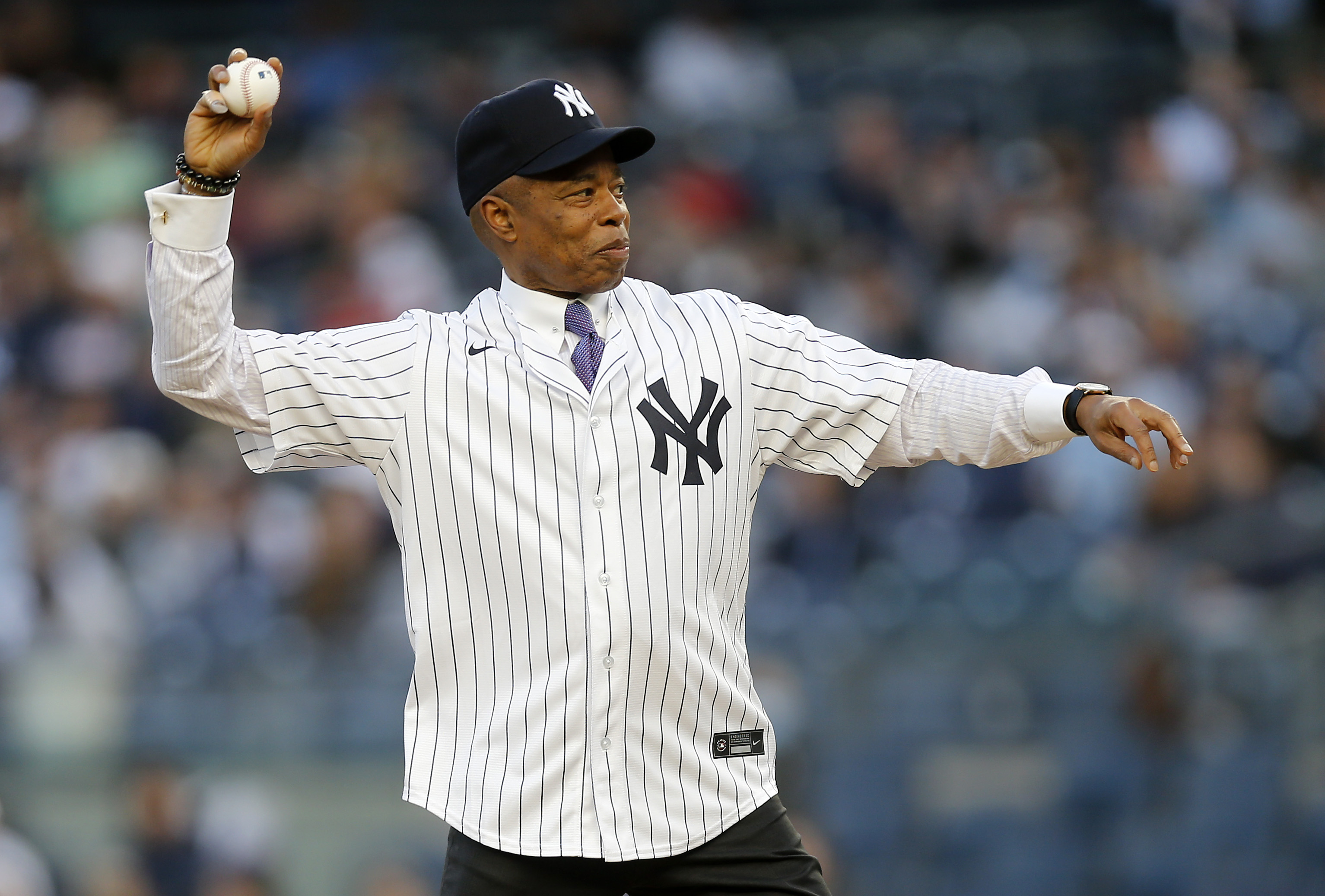 New York Mayor Eric Adams throws out the first pitch at Yankee Stadium in May of 2022.