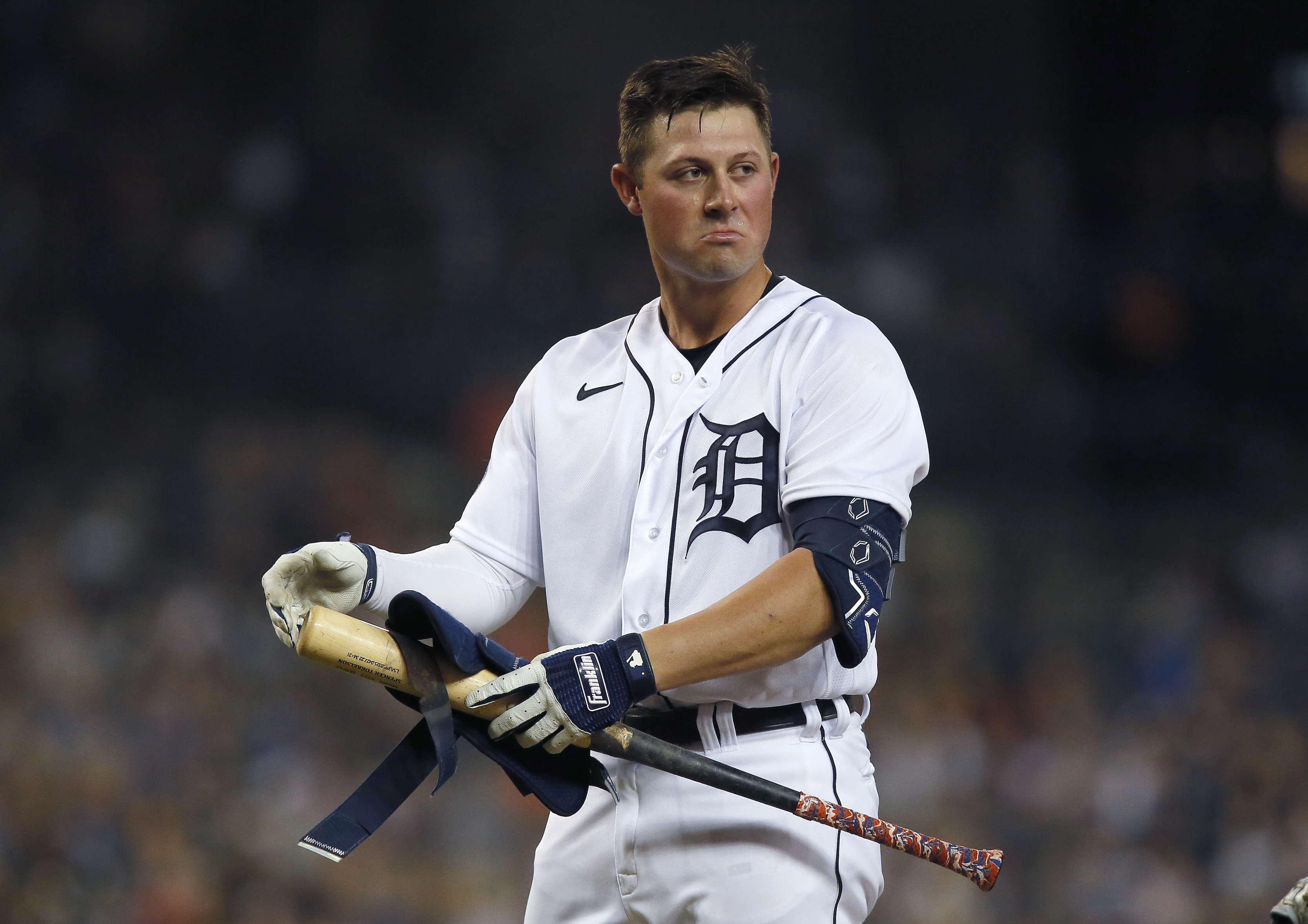 Detroit Tigers first baseman Spencer Torkelson looking very sad after making an out against the Royals in July of 2022.