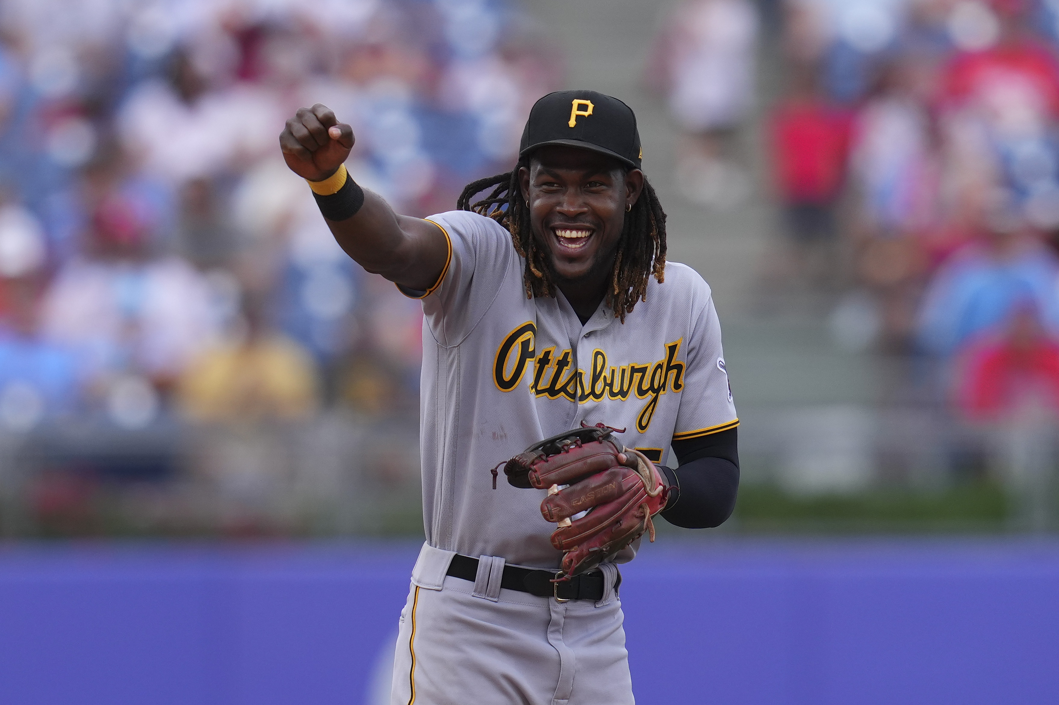 PHILADELPHIA, PA - AUGUST 28: Oneil Cruz #15 of the Pittsburgh Pirates reacts against the Philadelphia Phillies at Citizens Bank Park on August 28, 2022 in Philadelphia, Pennsylvania. The Pirates defeated the Phillies 5-0.