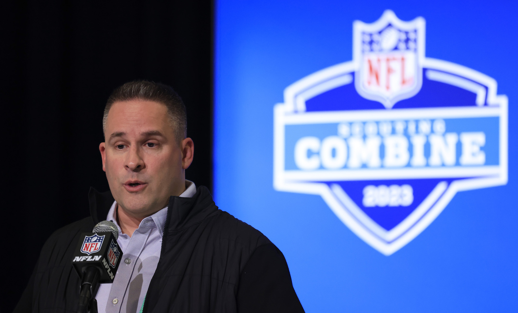 Head coach Josh McDaniels of the Las Vegas Raiders speaks to the media during the NFL Combine at Lucas Oil Stadium on February 28, 2023 in Indianapolis, Indiana.