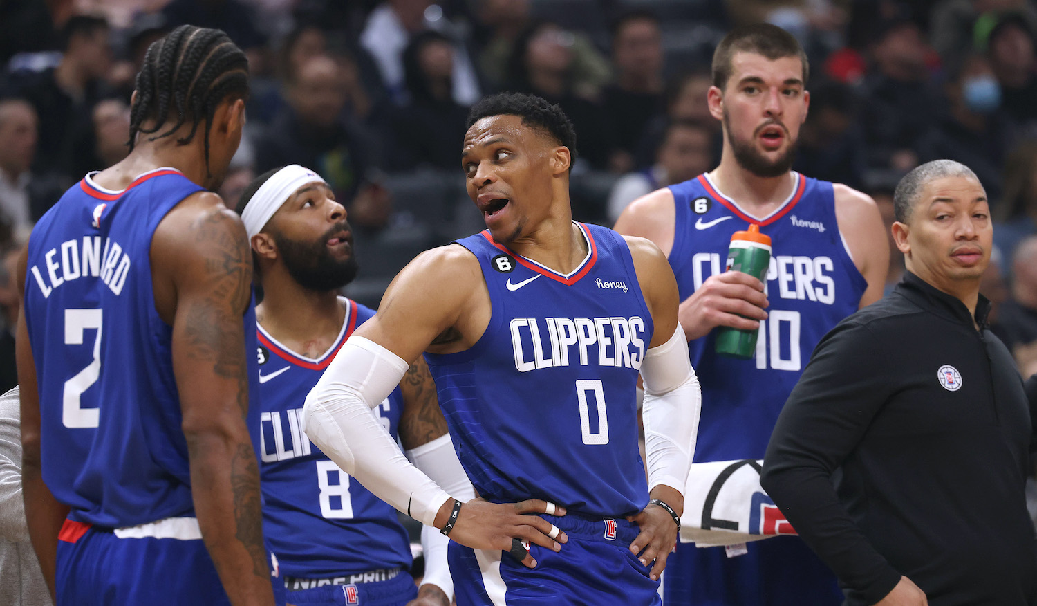 Russell Westbrook #0 of the LA Clippers speaks in front of Kawhi Leonard #2, Marcus Morris Sr. #8, Ivica Zubac #40 and Tyronn Lue of the LA Clippers during a 108-101 Minnesota Timberwolves win at Crypto.com Arena on February 28, 2023 in Los Angeles, California. NOTE TO USER: User expressly acknowledges and agrees that, by downloading and or using this photograph, user is consenting to the terms and conditions of the Getty Images License Agreement. (Photo by Harry How/Getty Images)
