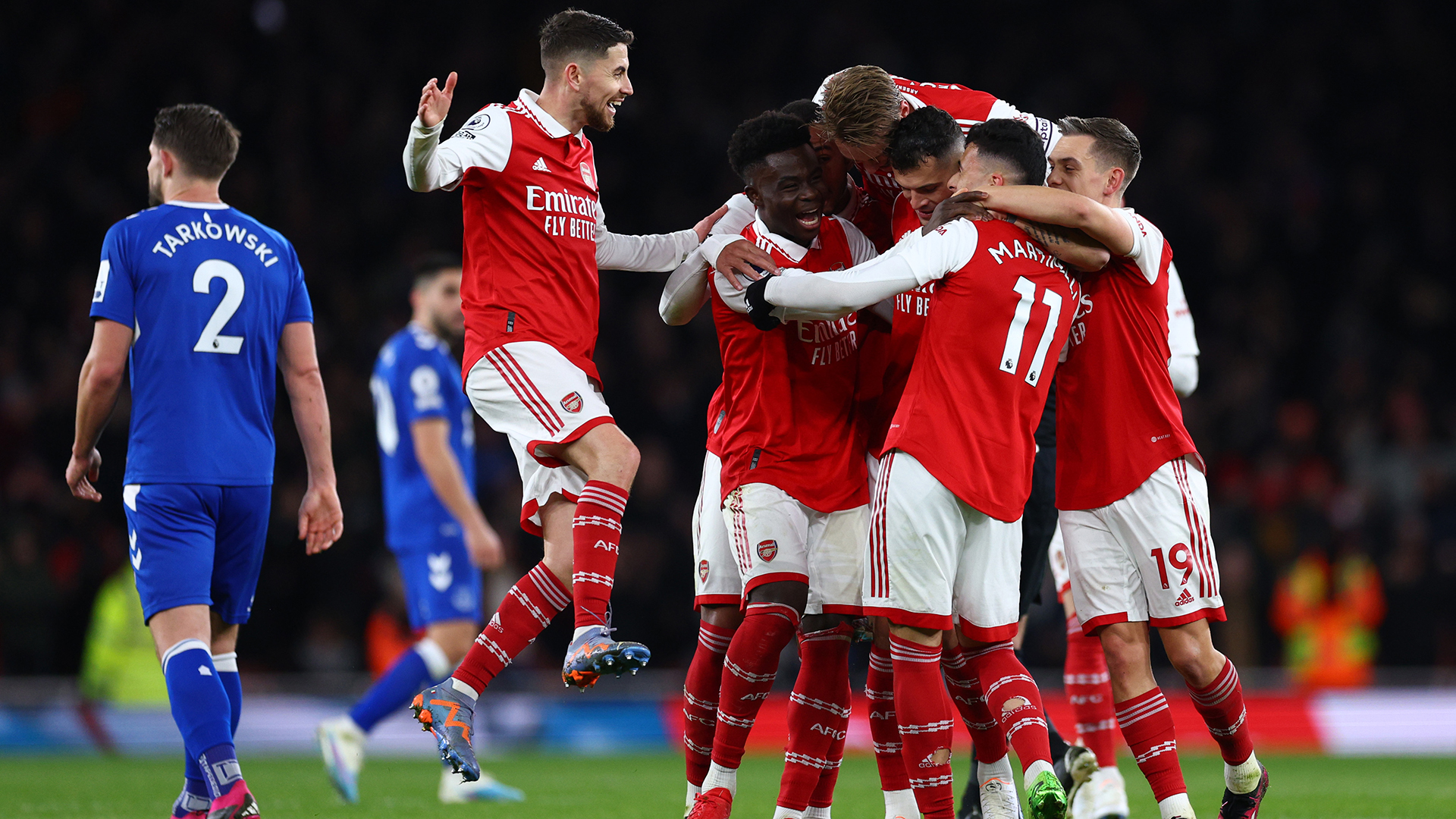 Gabriel Martinelli of Arsenal celebrates with teammates after scoring the team's second goal following the VAR check during the Premier League match between Arsenal FC and Everton FC at Emirates Stadium on March 01, 2023 in London, England.