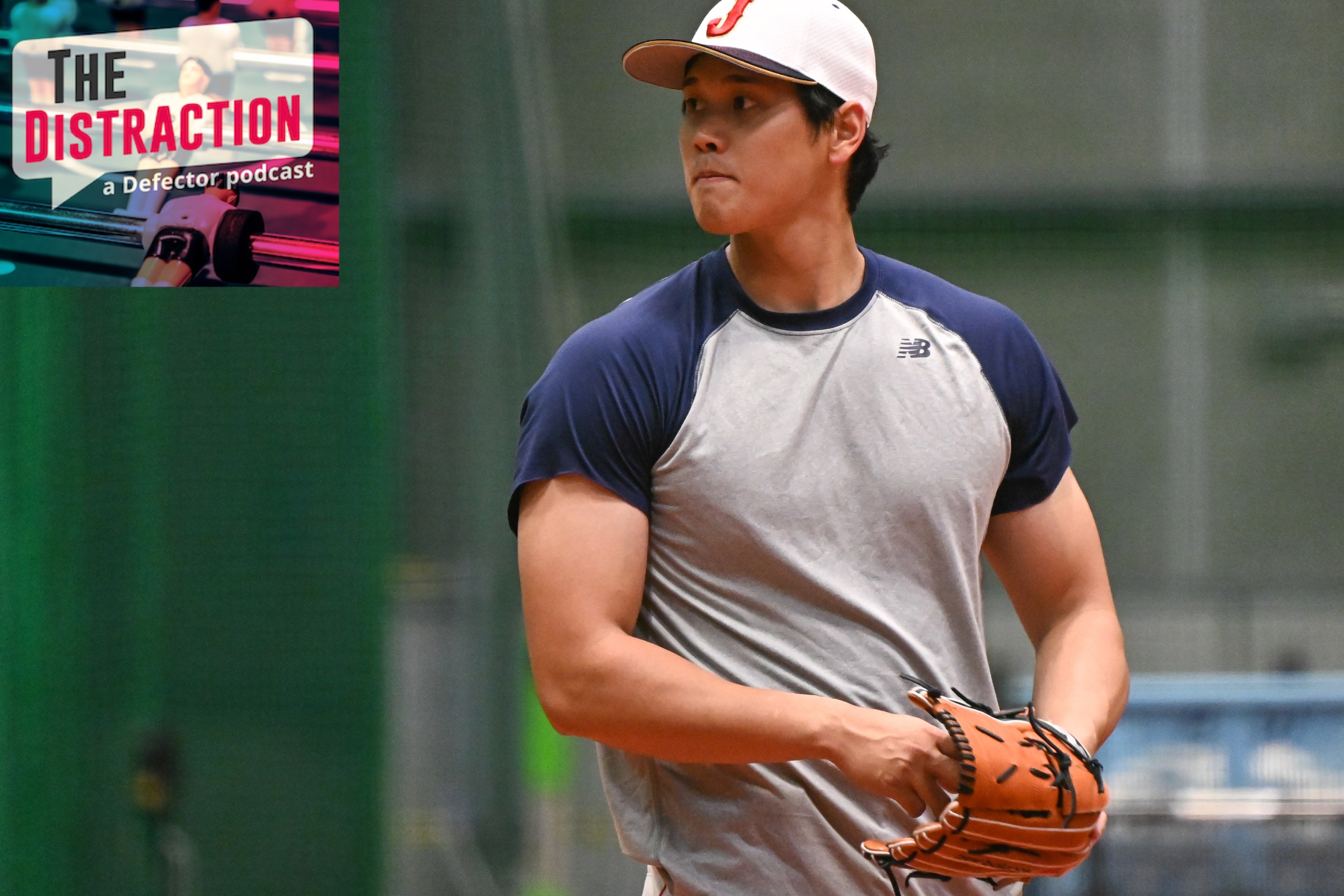 Shohei Ohtani looking swole as hell during Samurai Japan's training before the 2023 World Baseball Classic, with The Distraction logo at upper left.