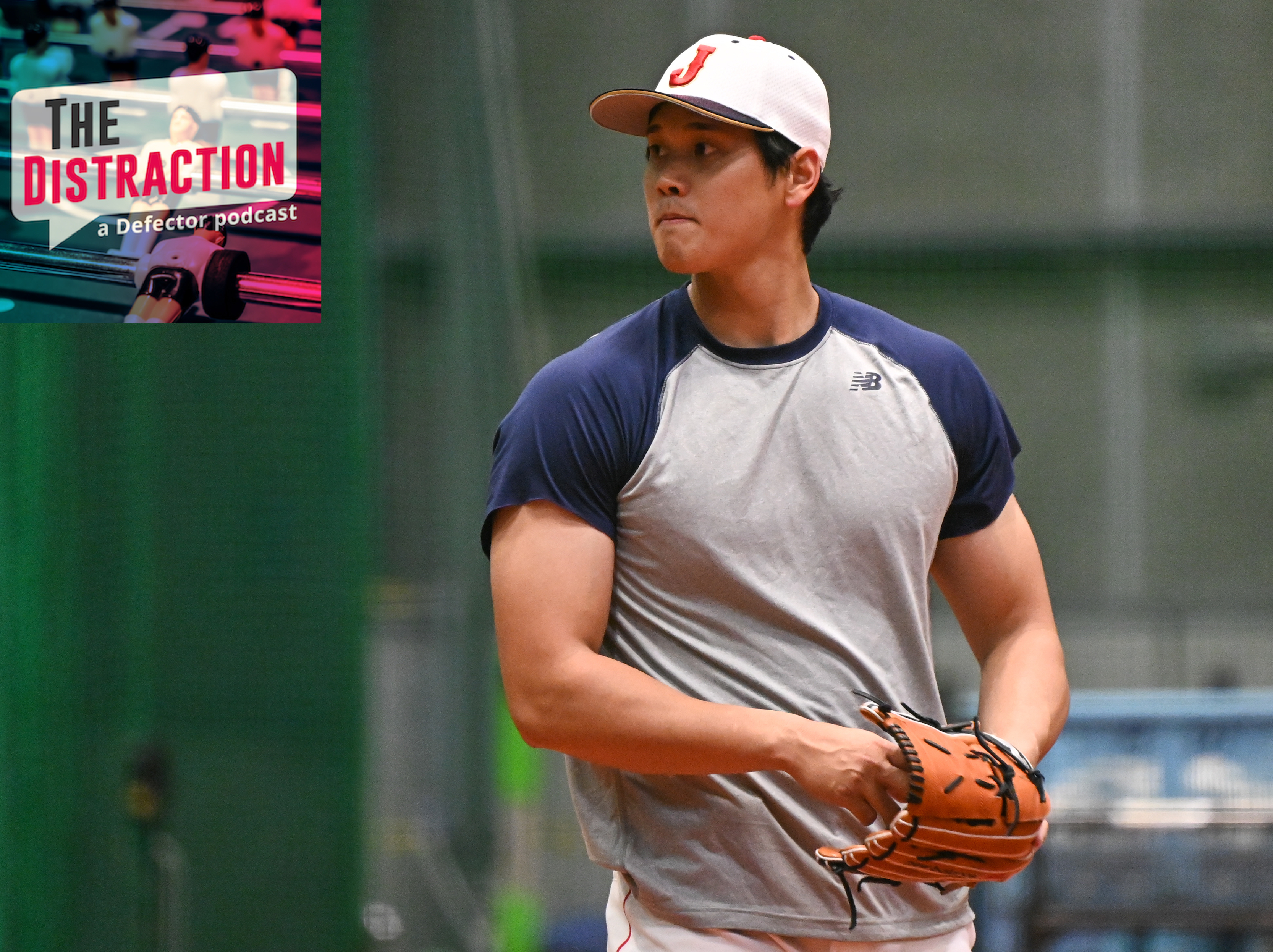 Shohei Ohtani looking swole as hell during Samurai Japan's training before the 2023 World Baseball Classic, with The Distraction logo at upper left.