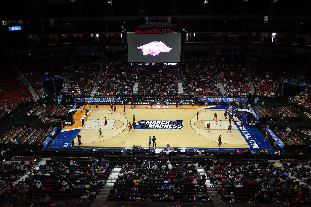 DES MOINES, IOWA - MARCH 15: A general view of Wells Fargo Arena during open practice ahead of the NCAA Men's Basketball Tournament First Round on March 15, 2023 in Des Moines, Iowa. (
