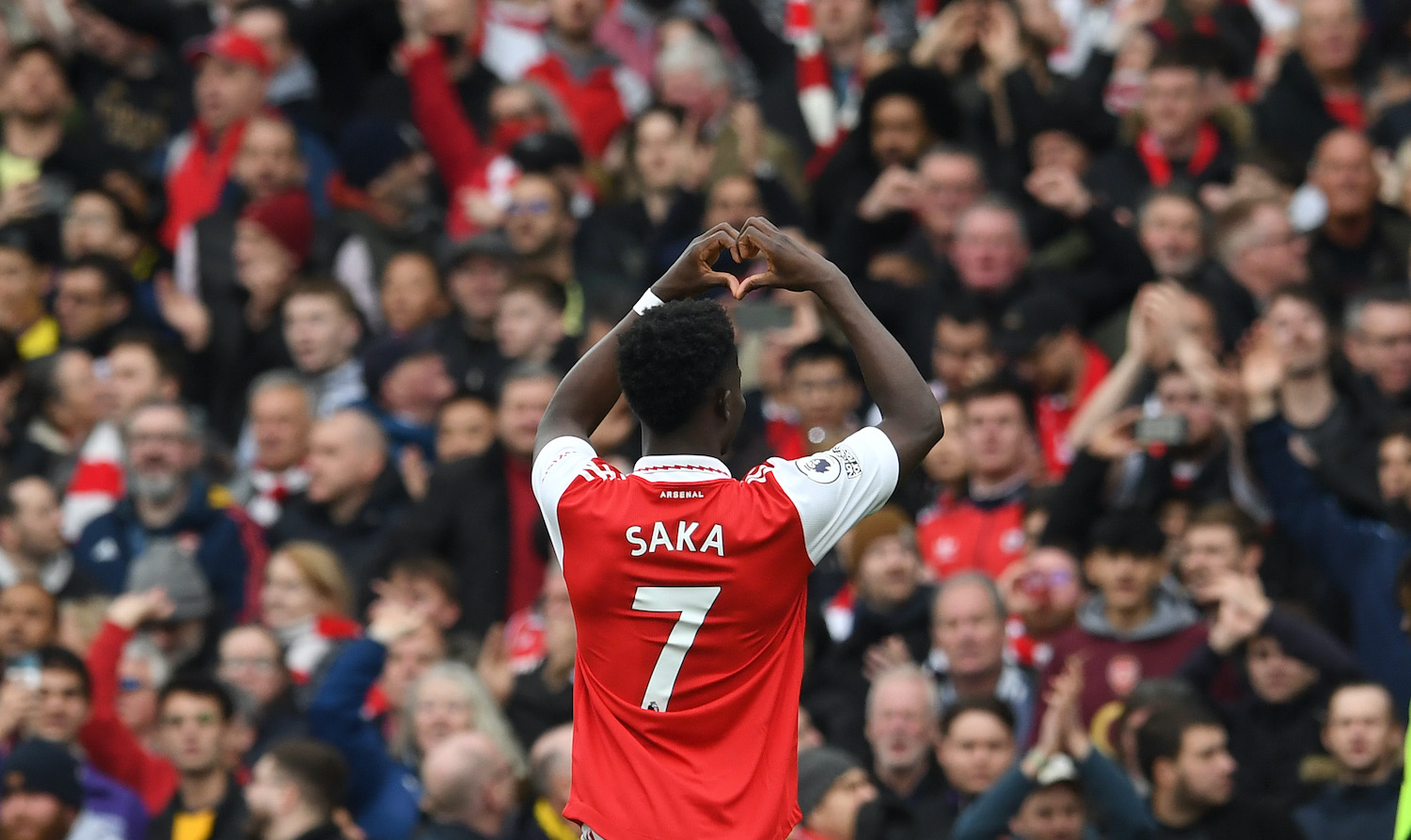 LONDON, ENGLAND - MARCH 19: Bukayo Saka celebrates scoring Arsenal's 4th goal during the Premier League match between Arsenal FC and Crystal Palace at Emirates Stadium on March 19, 2023 in London, England. (Photo by David Price/Arsenal FC via Getty Images)