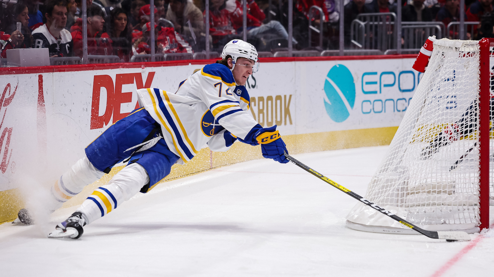 WASHINGTON, DC - MARCH 15: Tage Thompson #72 of the Buffalo Sabres attempts a wrap around goal against the Washington Capitals during the first period of the game at Capital One Arena on March 15, 2023 in Washington, DC.