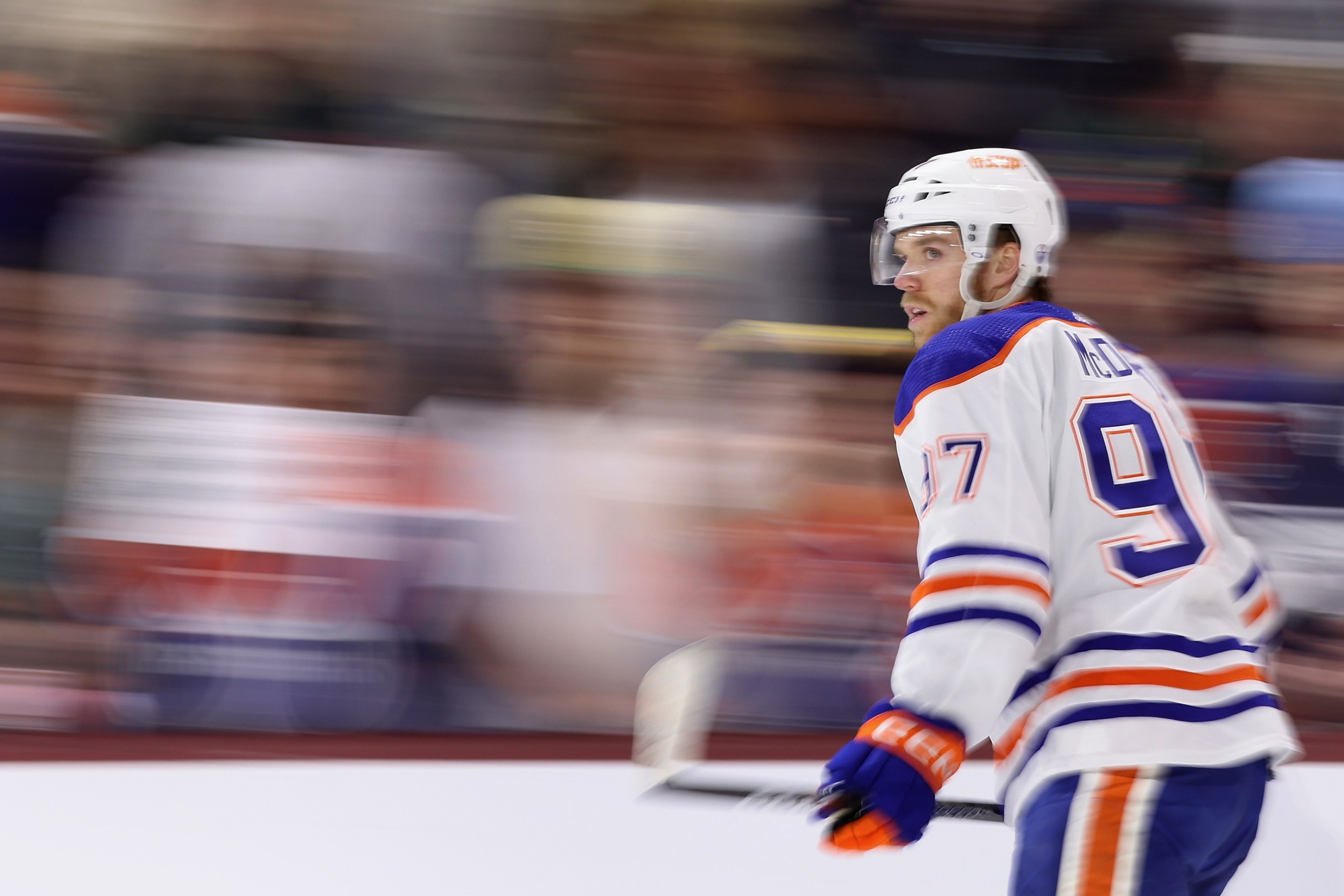 TEMPE, ARIZONA - MARCH 27: Connor McDavid #97 of the Edmonton Oilers warms up before he NHL game against the Arizona Coyotes at Mullett Arena on March 27, 2023 in Tempe, Arizona. (Photo by Christian Petersen/Getty Images)