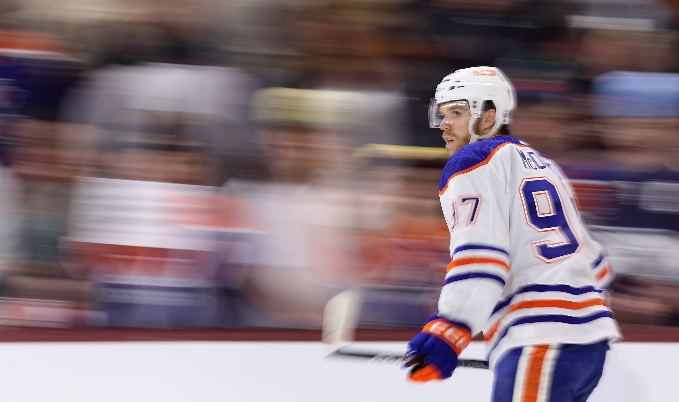 TEMPE, ARIZONA - MARCH 27: Connor McDavid #97 of the Edmonton Oilers warms up before he NHL game against the Arizona Coyotes at Mullett Arena on March 27, 2023 in Tempe, Arizona. (Photo by Christian Petersen/Getty Images)