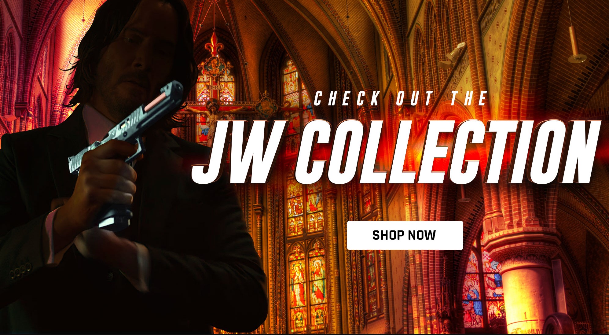 Keanu Reeves as John Wick, holding a handgun, with the text "Check Out the JW Collection" and a "shop now" button