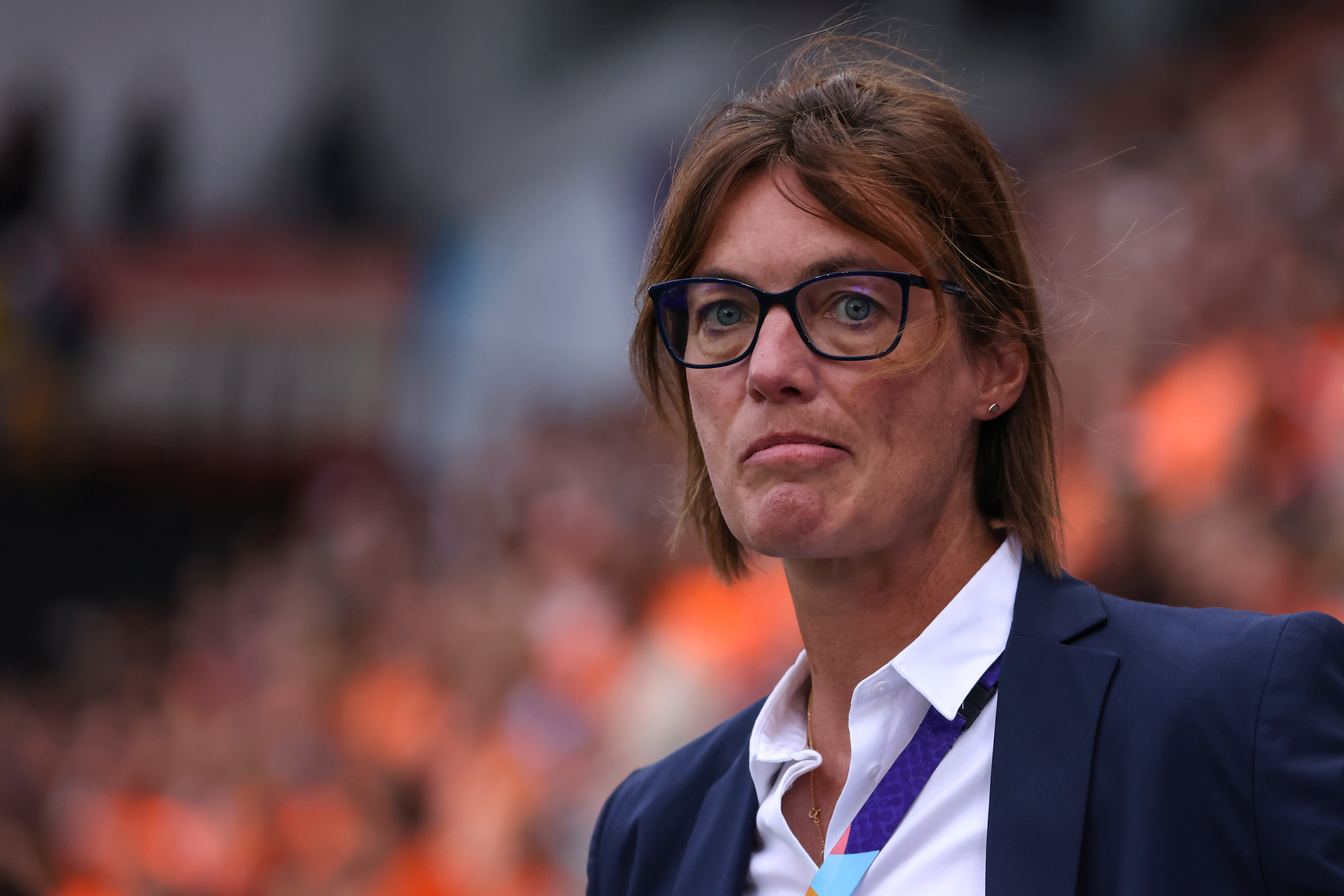 ROTHERHAM, ENGLAND - JULY 23: Corinne Diacre Head coach of France reacts prior to kick off in the UEFA Women's Euro England 2022 Quarter Final match between France and Netherlands at The New York Stadium on July 23, 2022 in Rotherham, England.