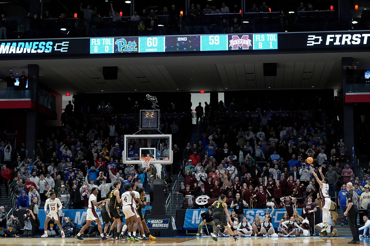 DAYTON, OHIO - MARCH 14: Shakeel Moore #3 of the Mississippi State Bulldogs misses a three point basket against the Pittsburgh Panthers during the second half in the First Four game of the NCAA Men's Basketball Tournament at University of Dayton Arena on March 14, 2023 in Dayton, Ohio.