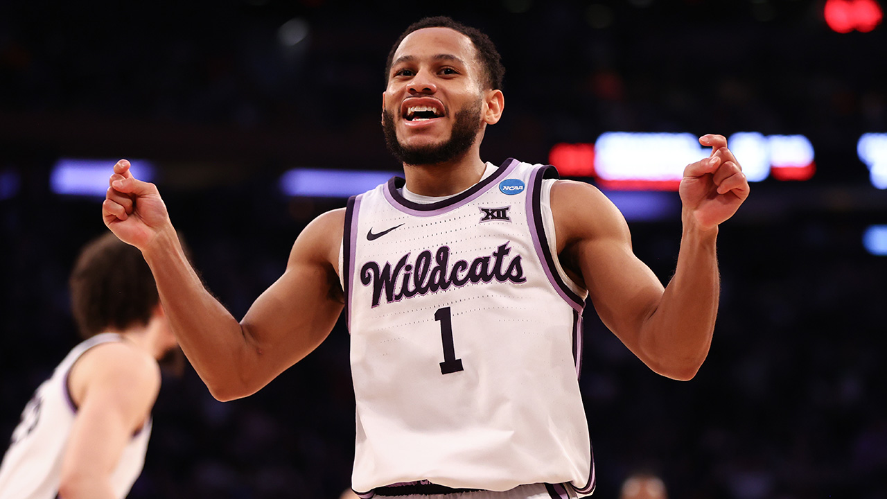 NEW YORK, NEW YORK - MARCH 23: Markquis Nowell #1 of the Kansas State Wildcats reacts during the second half of the game against the Michigan State Spartans during the Sweet Sixteen round of the 2023 NCAA Men's Basketball Tournament held at Madison Square Garden on March 23, 2023 in New York City.