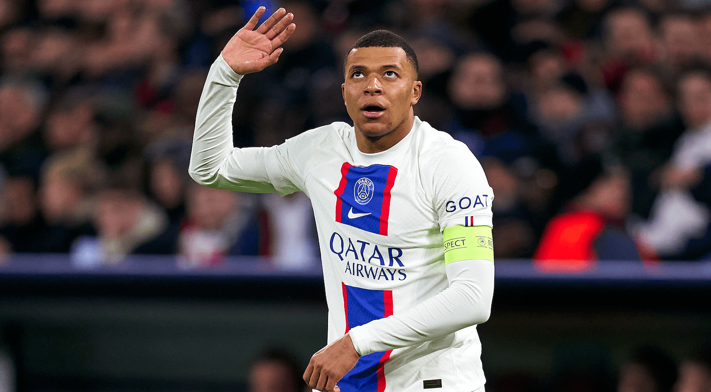 Kylian Mbappé, looking skyward in frustration.