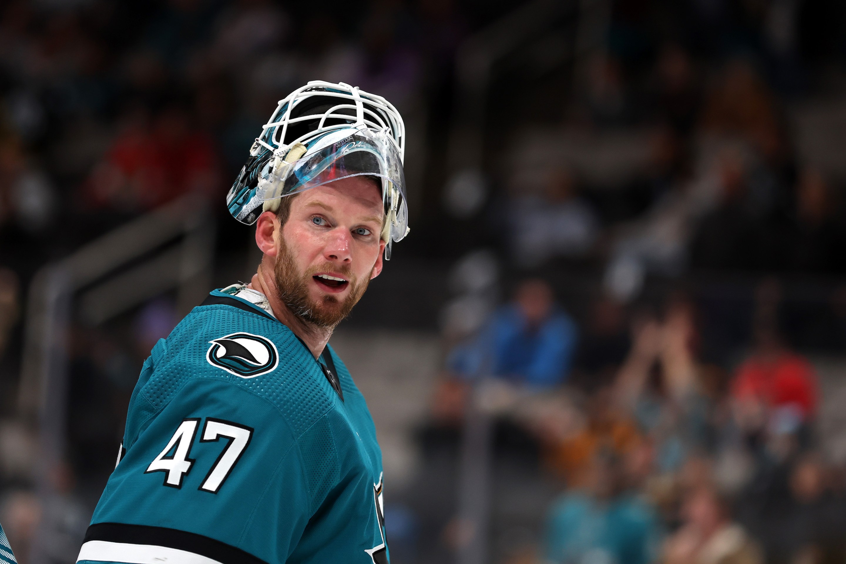 James Reimer #47 of the San Jose Sharks skates to the goal after a time out afl at SAP Center on November 03, 2022 in San Jose, California.