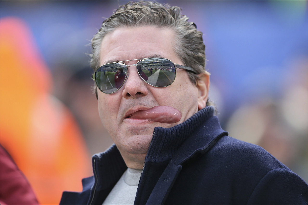 A photo with added illustration of Washington Commanders owner Dan Snyder, with his tongue sticking waaaaay out to the side. As in, it almost reaches his jacket collar.