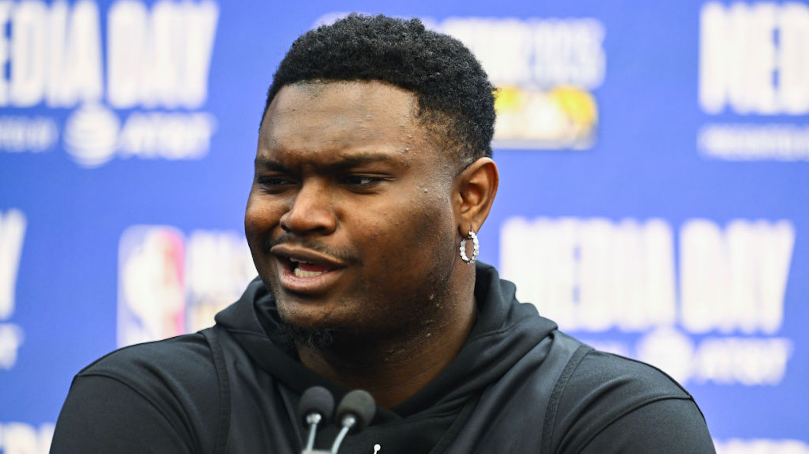SALT LAKE CITY, UTAH - FEBRUARY 18: Zion Williamson of the New Orleans Pelicans speaks during media availability as part of 2023 NBA All Star Weekend on February 18, 2023 in Salt Lake City, Utah. NOTE TO USER: User expressly acknowledges and agrees that, by downloading and or using this photograph, User is consenting to the terms and conditions of the Getty Images License Agreement.