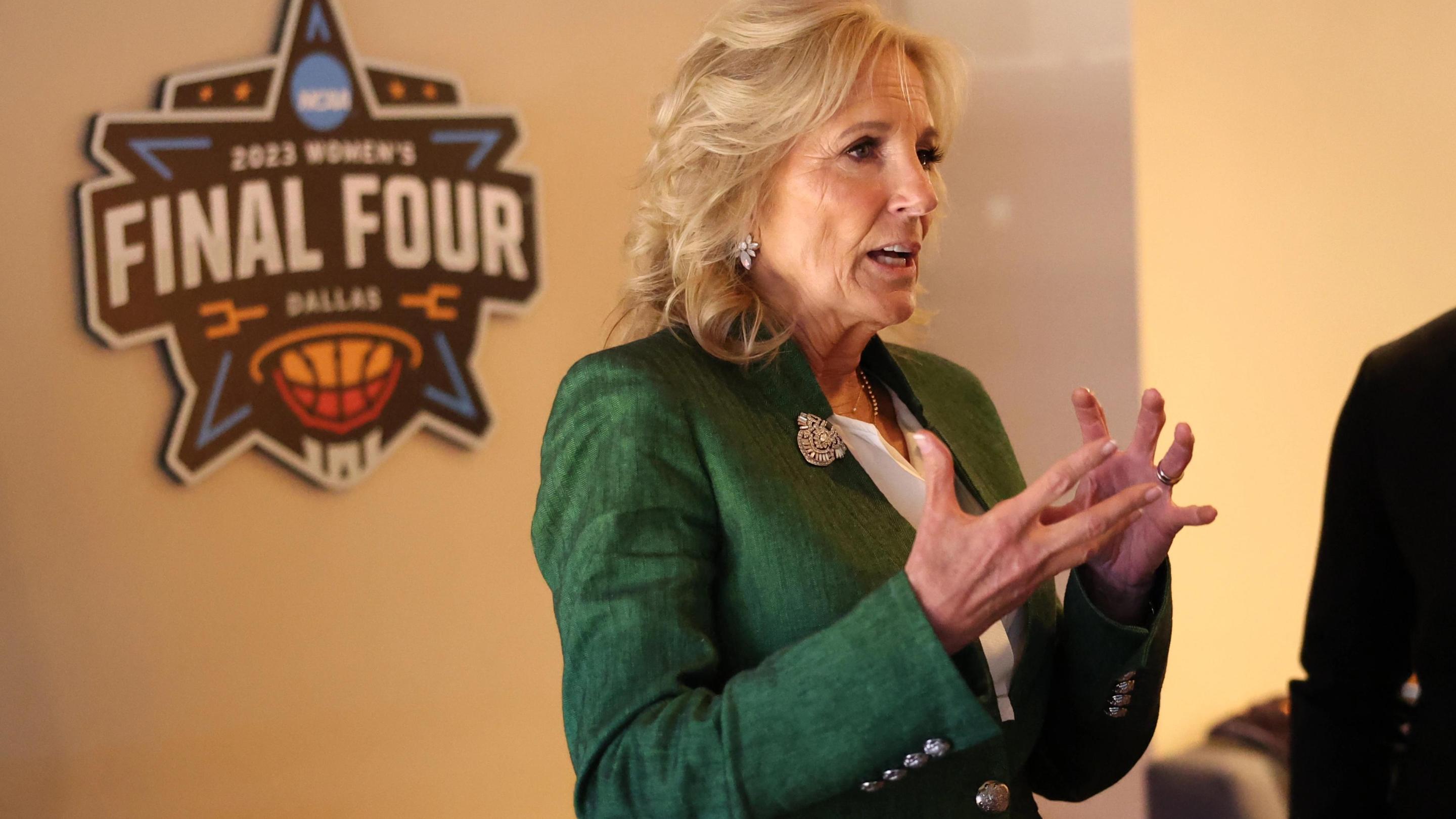 DALLAS, TX - APRIL 02: First lady Jill Biden talks with guests during the 2023 NCAA Women's Basketball Tournament National Championship at American Airlines Center on April 2, 2023 in Dallas, Texas.