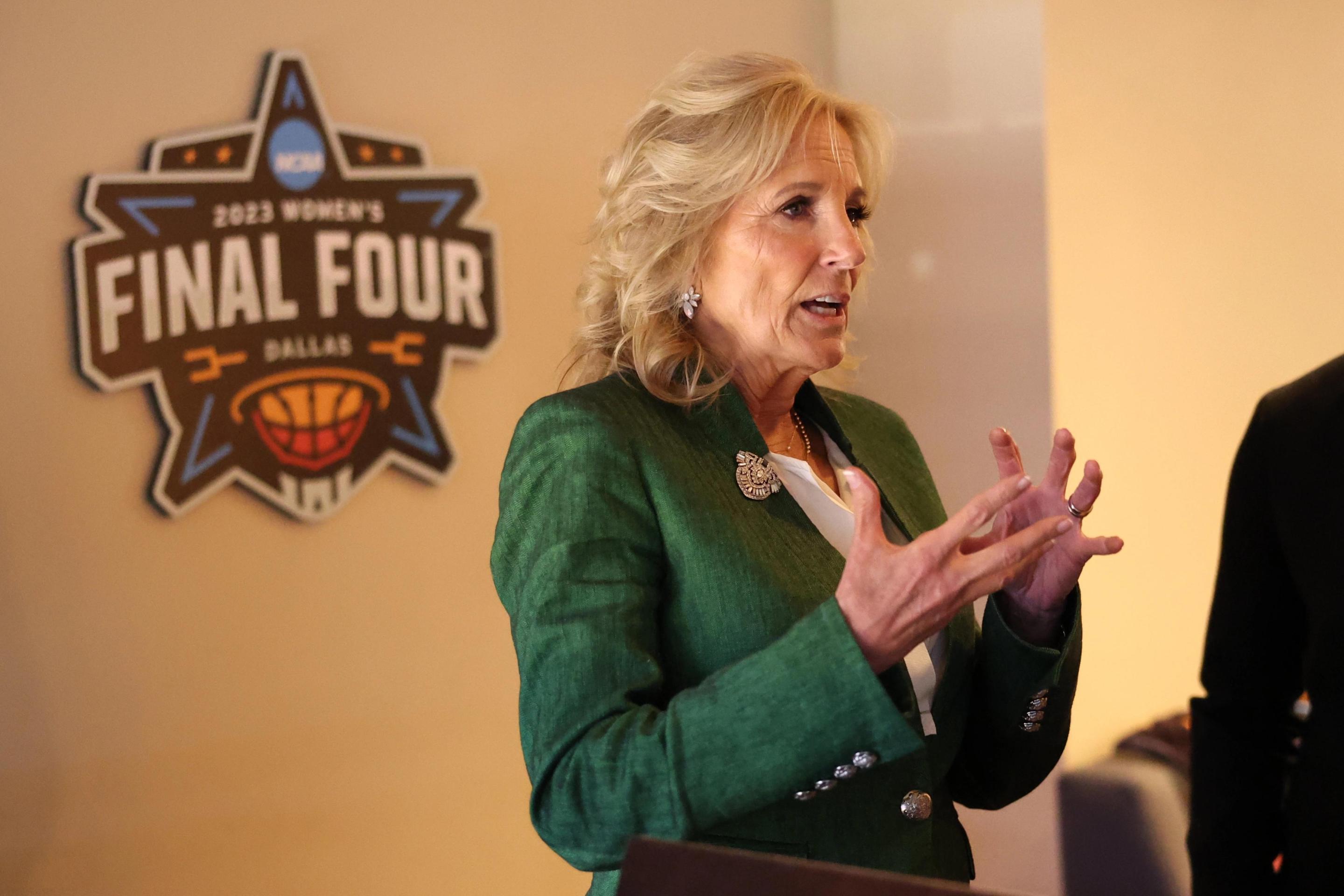 DALLAS, TX - APRIL 02: First lady Jill Biden talks with guests during the 2023 NCAA Women's Basketball Tournament National Championship at American Airlines Center on April 2, 2023 in Dallas, Texas.