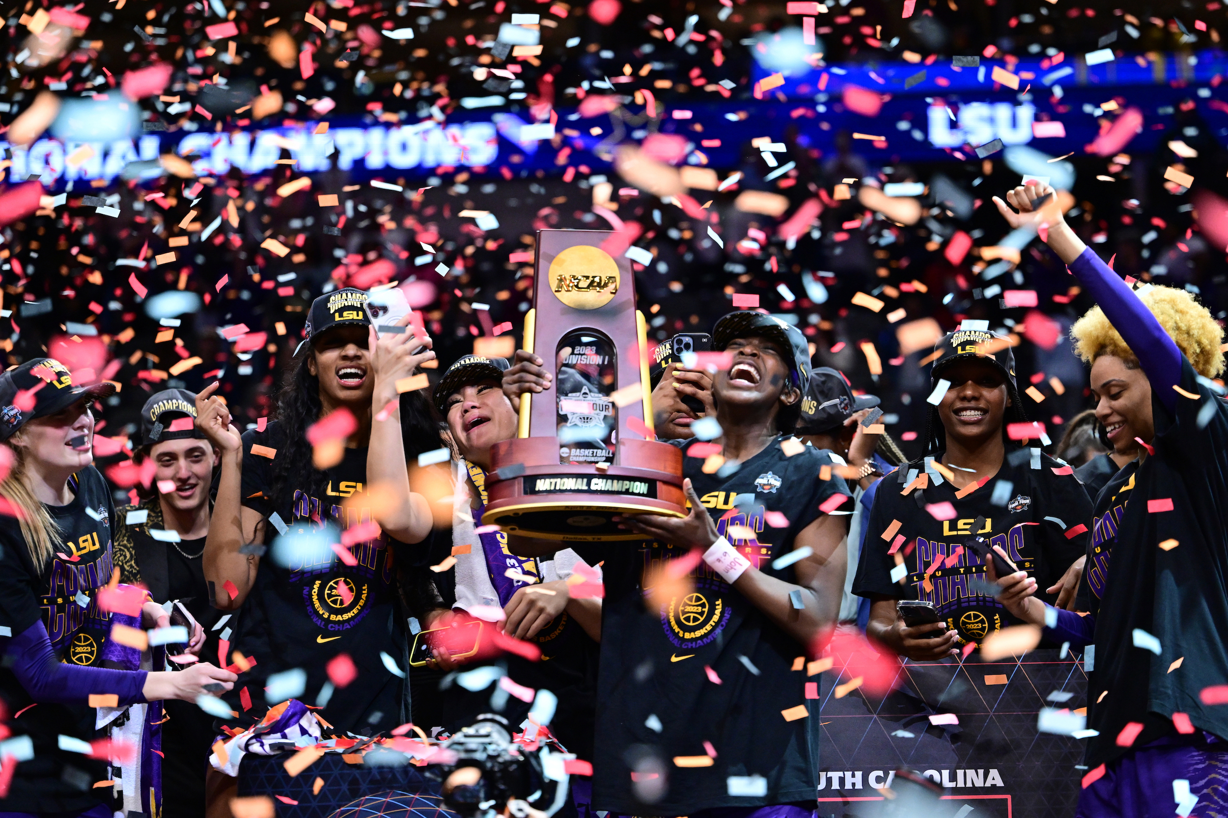 Louisiana State Tigers players celebrate their win over the Iowa Hawkeyes during the 2023 NCAA Women's Basketball Tournament National Championship at American Airlines Center on April 2, 2023 in Dallas, Texas.