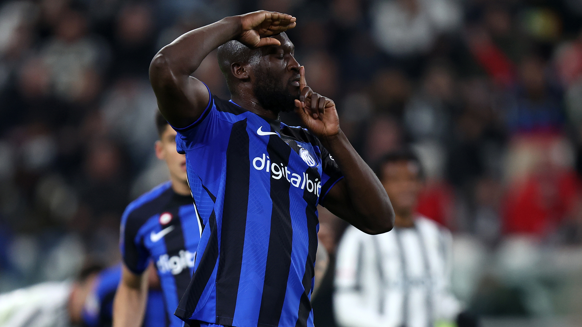 Romelu Lukaku of FC Internazionale celebrates after scoring his team's first goal during the Coppa Italia Semi Final match between Juventus FC and FC Internazionale at Allianz Stadium on April 4, 2023 in Turin, Italy.