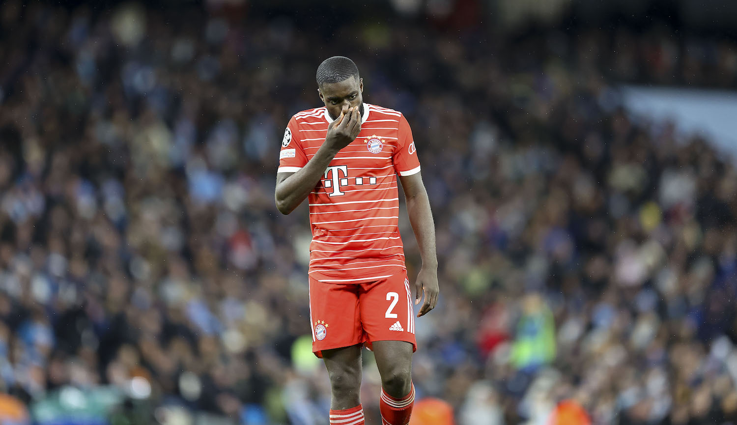 MANCHESTER, ENGLAND - APRIL 11: Dayot Upamecano of Bayern Muenchen looks dejected during the UEFA Champions League quarterfinal first leg match between Manchester City and FC Bayern München at Etihad Stadium on April 11, 2023 in Manchester, United Kingdom. (Photo by Michael Zemanek/DeFodi Images via Getty Images)